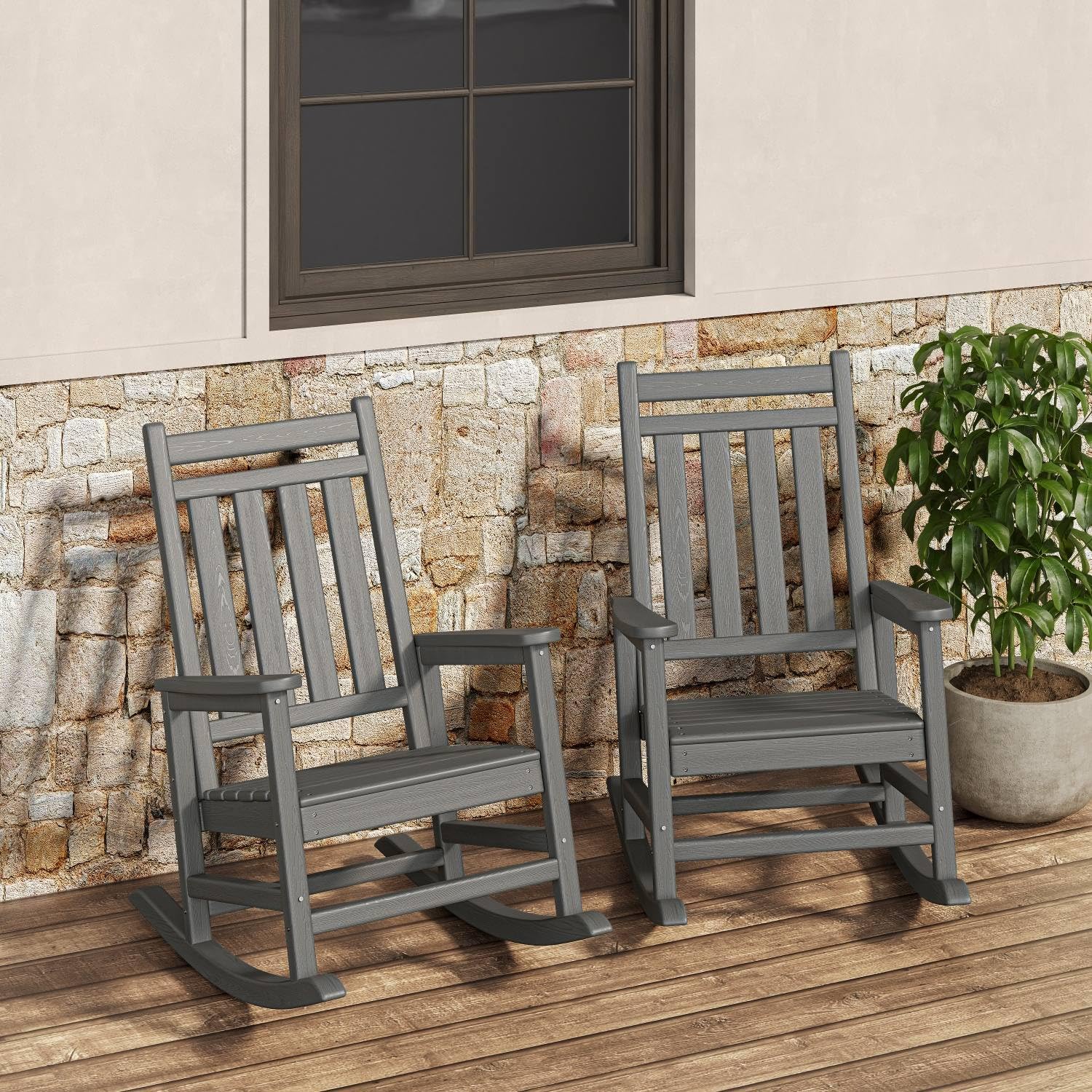Black Garvee 2-Pack HDPE High Back Outdoor Rocking Chairs with Side Table All Weather Patio Porch Furniture