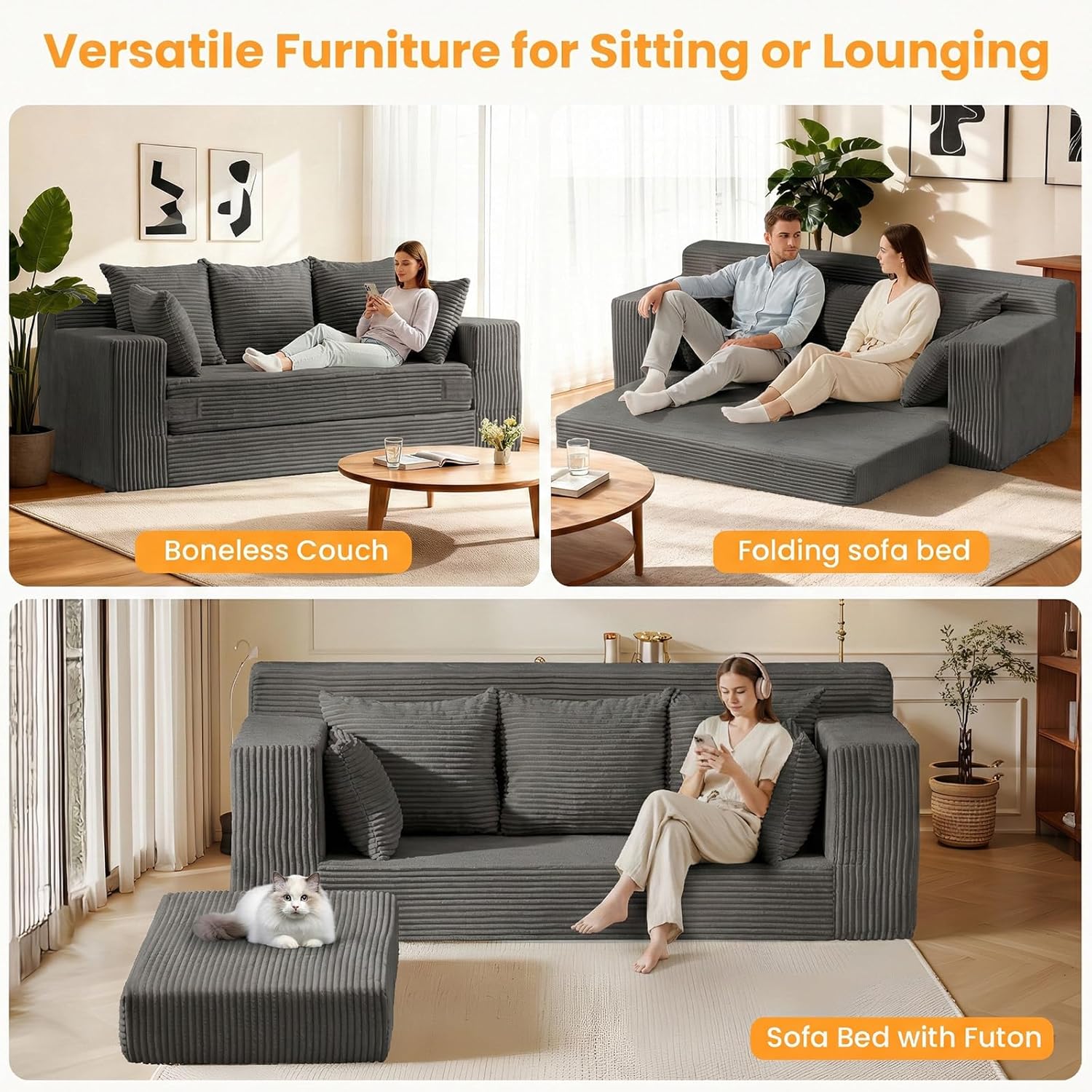 Oversized Boneless Loveseat, 3 Seater Pull Out Convertible Sofa Bed, 70" Gray Boneless Couch Fold Out Floor Couch Sleeper Sofa with 5 Pillows for Living Room Bedroom Lounge Small Space