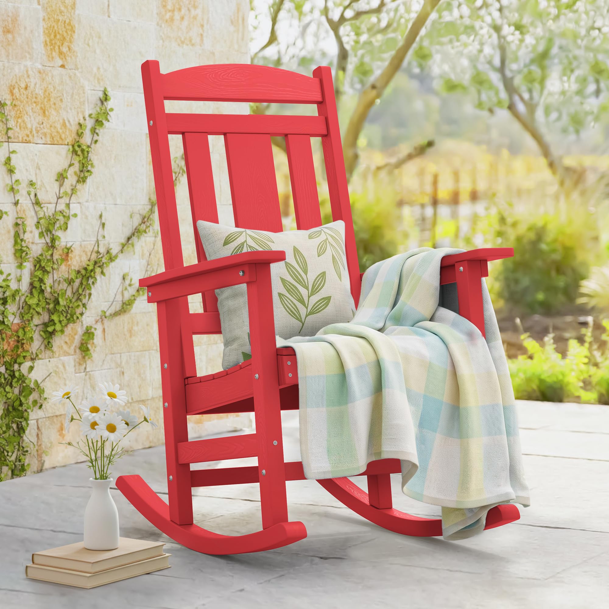 LUE BONA Outdoor Rocking Chairs Set of 2, Weather Resistant Poly Plastic Rocker, 350lb Heavy Duty, Oversized Porch Rocker for Adult, High Back Smooth for Outdoor & Indoor, Black
