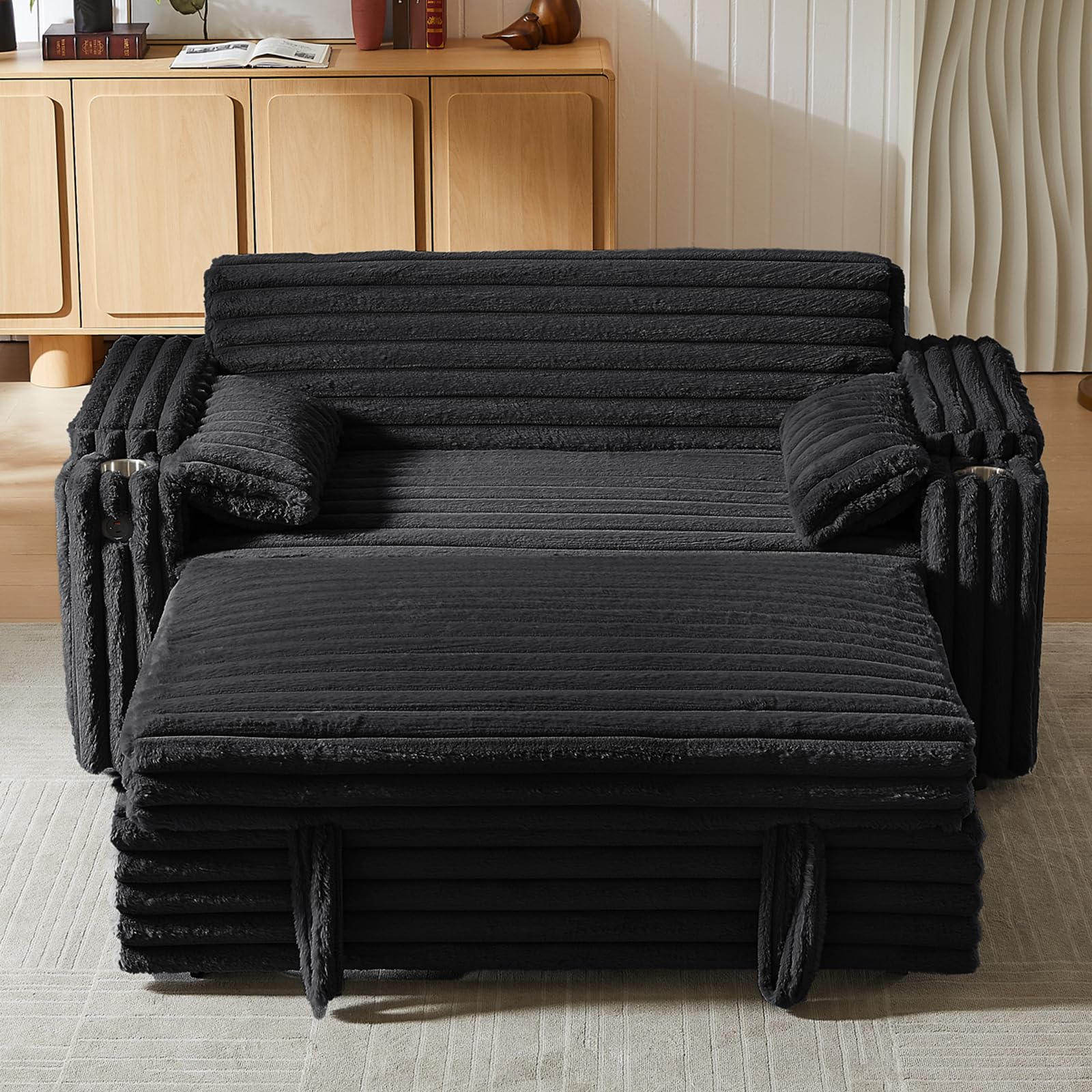 hansones 65'' 3-in-1 Folding Convertible Sofa Bed, Pullout Sofa, Modern Chenille Fabric, 360° Swivel Side Table, Easy Assembly, Perfect for Living Room, Black