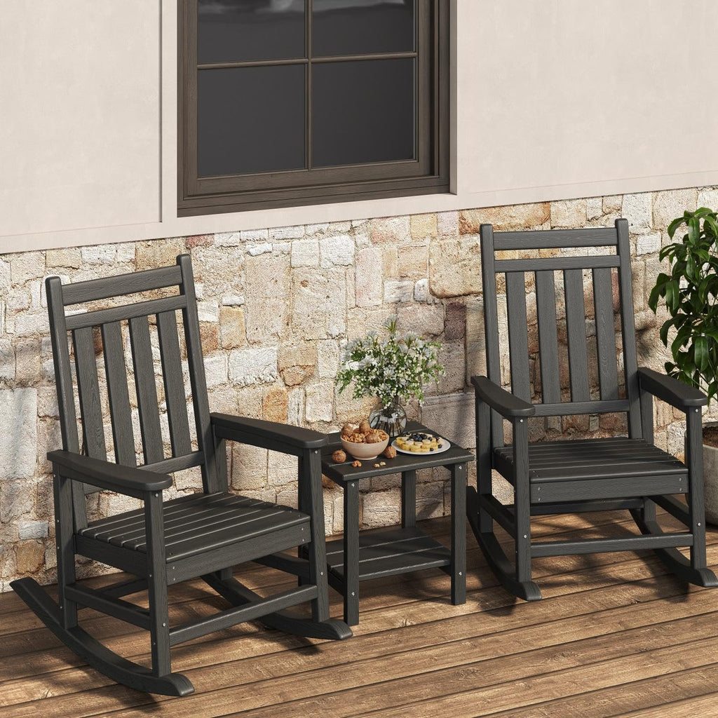 Black Garvee 2-Pack HDPE High Back Outdoor Rocking Chairs with Side Table All Weather Patio Porch Furniture