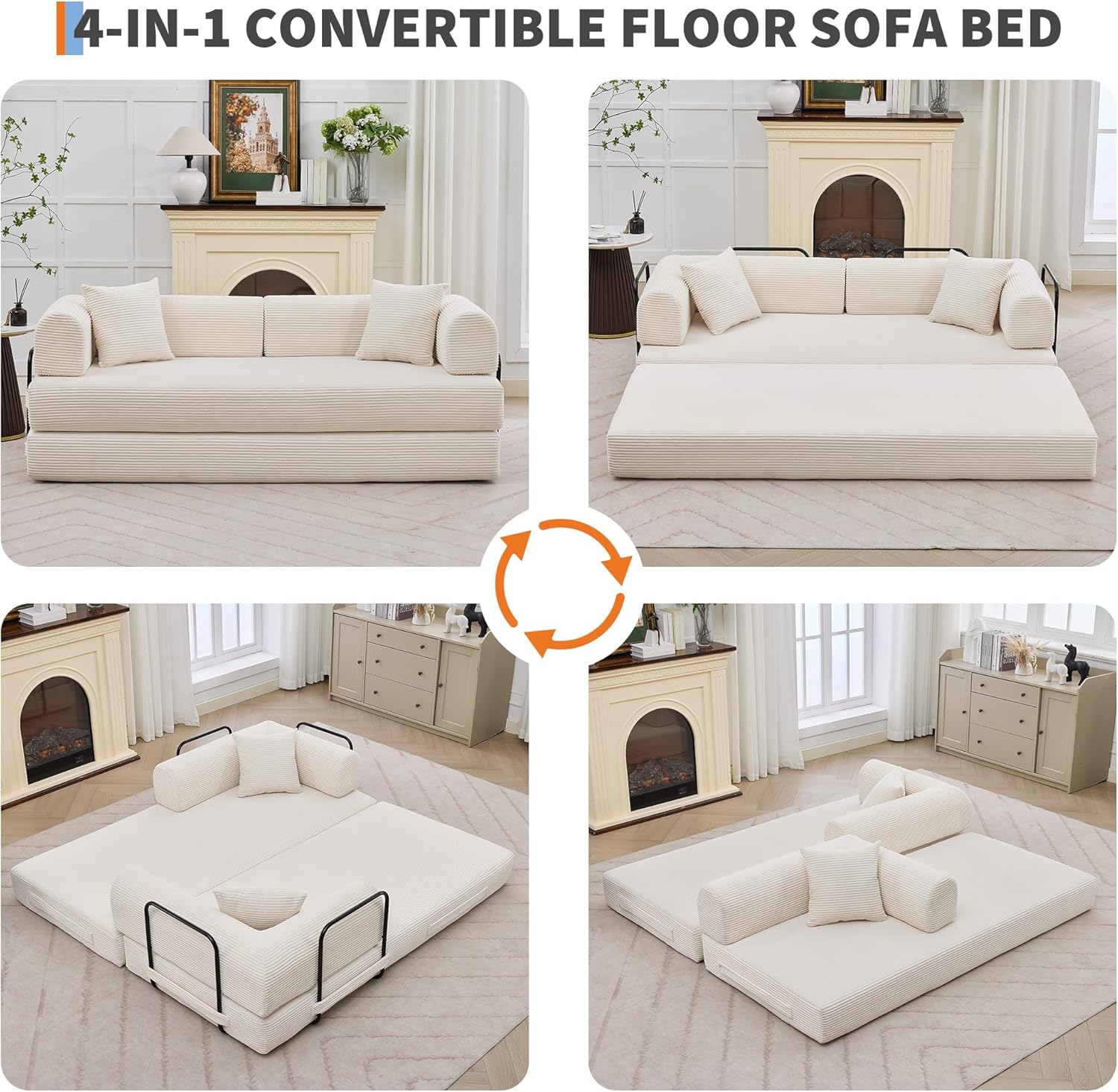 Beige GarveeHome 79" 4-in-1 Corduroy Convertible Folding Sleeper Sofa Bed with Pillow No Assembly