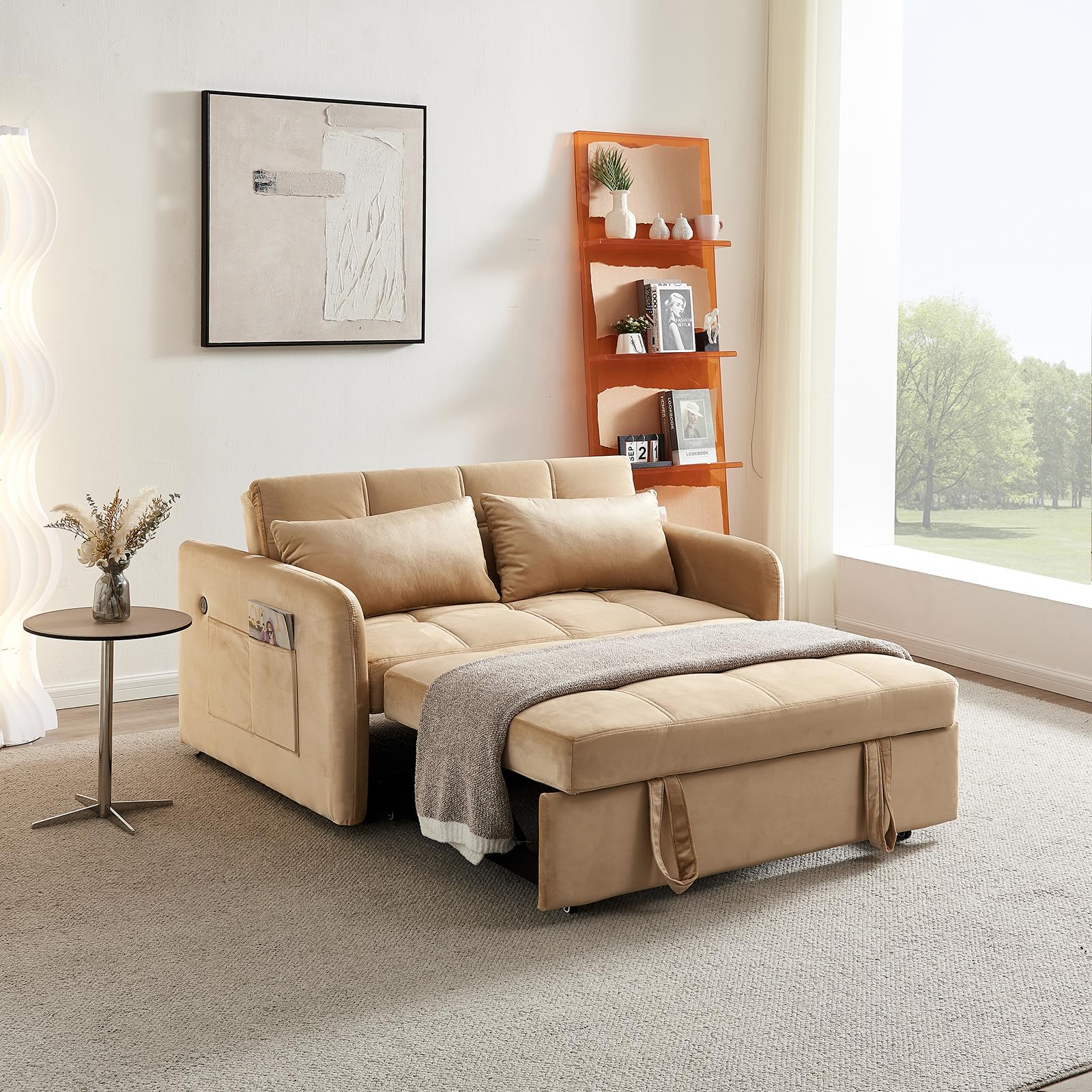 55.5" Fabric Convertible Sofa Bed, Pull Out Sleeper Sofa Bed, Loveseat Couch with Side Pocket, 3 in 1 Convertible Sleeper Sofa Bed for Living Room, Apartment, Bedroom, RV, Brown