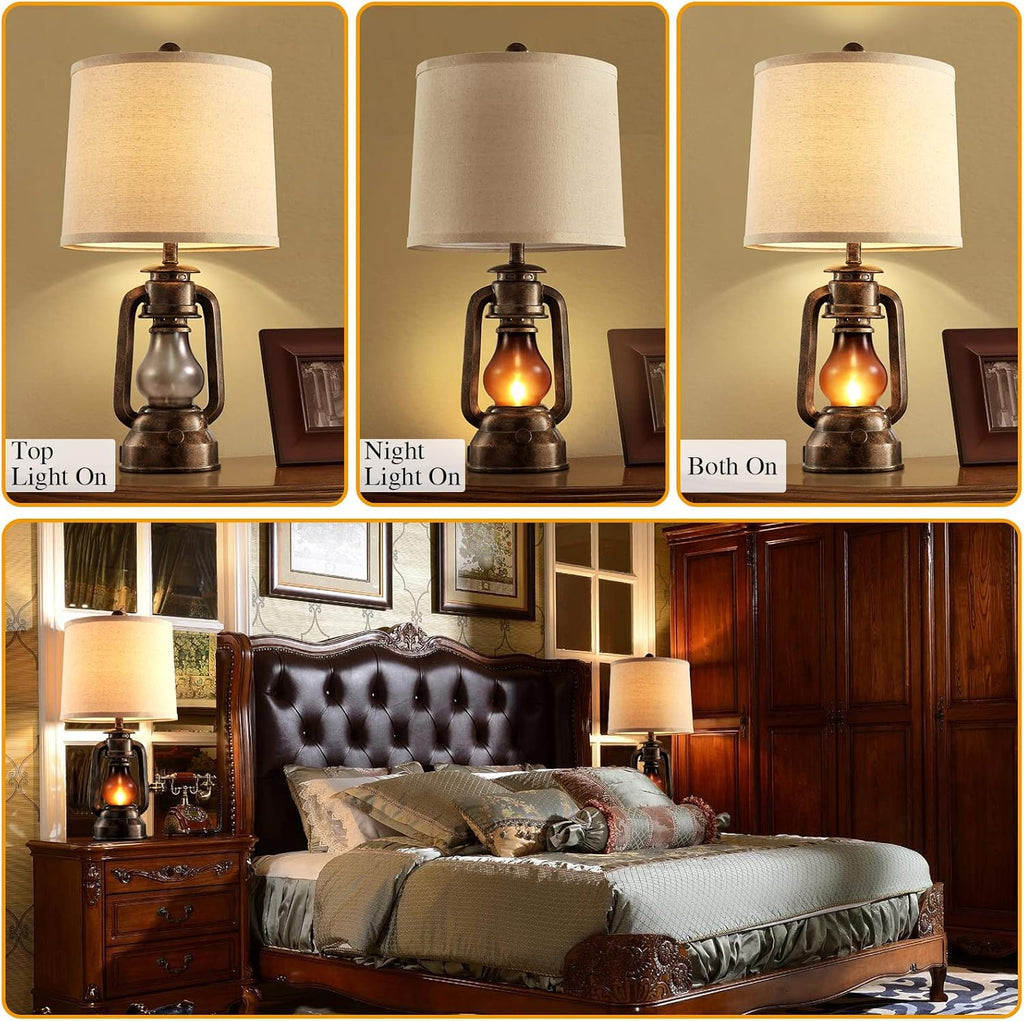 Farmhouse Lantern Table Lamps for Living Room Set of 2, Vintage Bedroom Resin Lamp with Dual USB Charging Ports, Rustic Retro Bedside Nightstand Desk Lamp, 4 Bulb Included