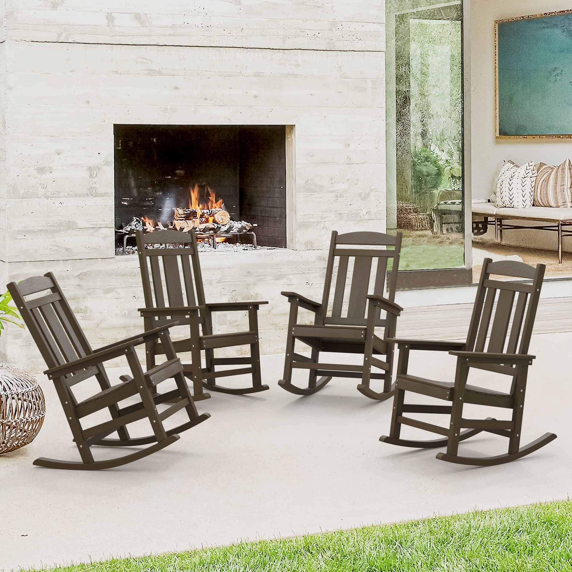 LUE BONA Outdoor Rocking Chairs Set of 2, Weather Resistant Poly Plastic Rocker, 350lb Heavy Duty, Oversized Porch Rocker for Adult, High Back Smooth for Outdoor & Indoor, Black