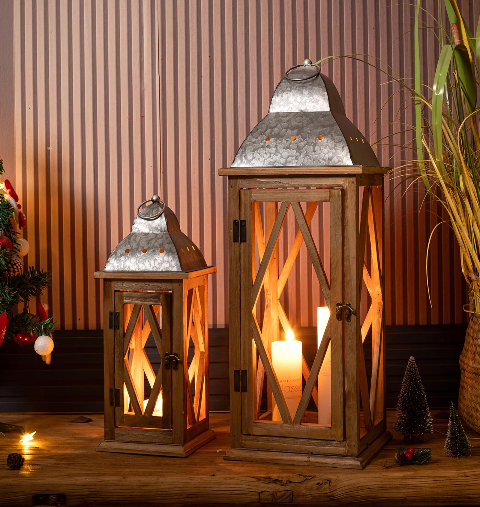 Large Farmhouse Decorative Wooden Lantern Set of 2, Rustic Brown Floor Lanterns, Indoor/Outdoor Hurricane Lanterns for Home Decor (No Glass)
