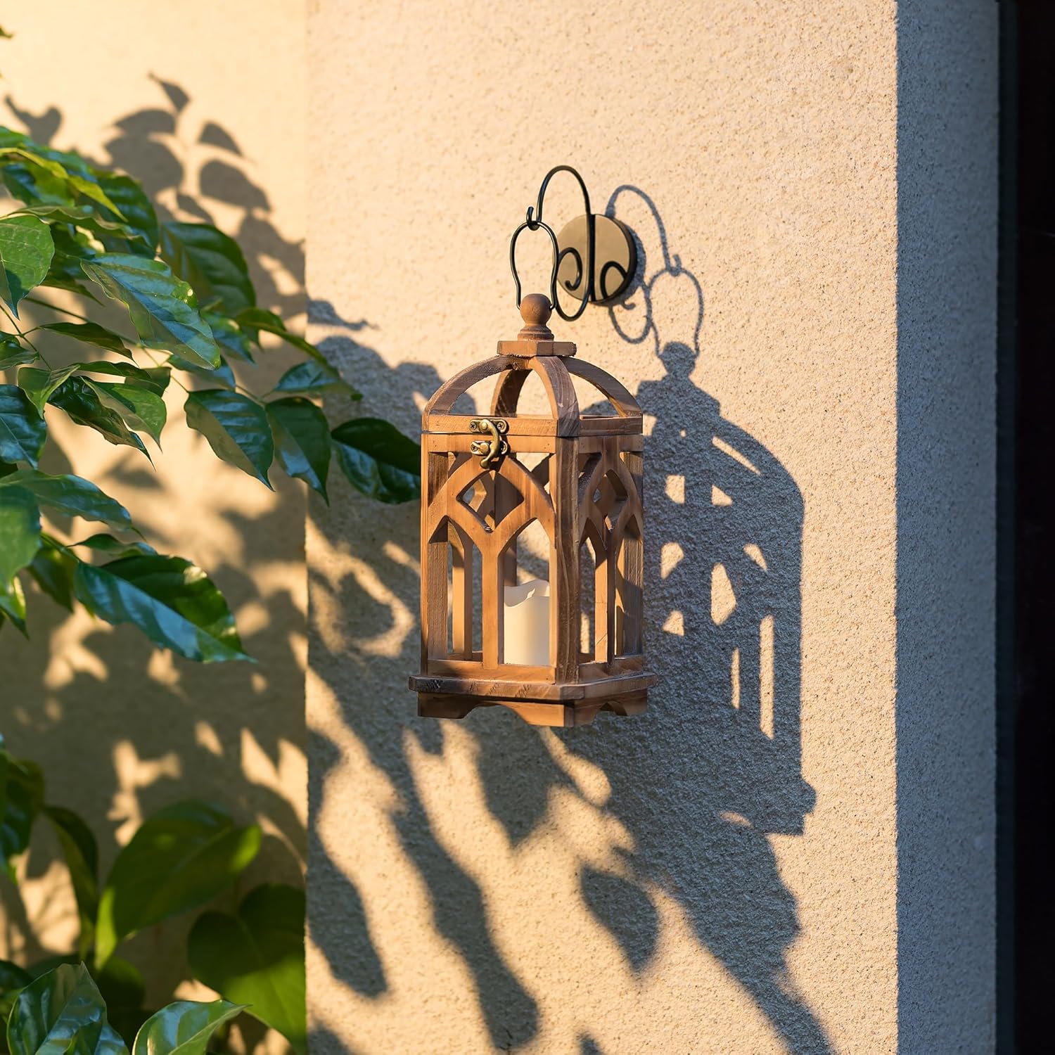Farmhouse Lanterns Decorative Indoor: 11" & 15" Set of 2 Brown Wooden Candle Holder Lanterns for Table Centerpiece Fireplace Mantle Home Decor
