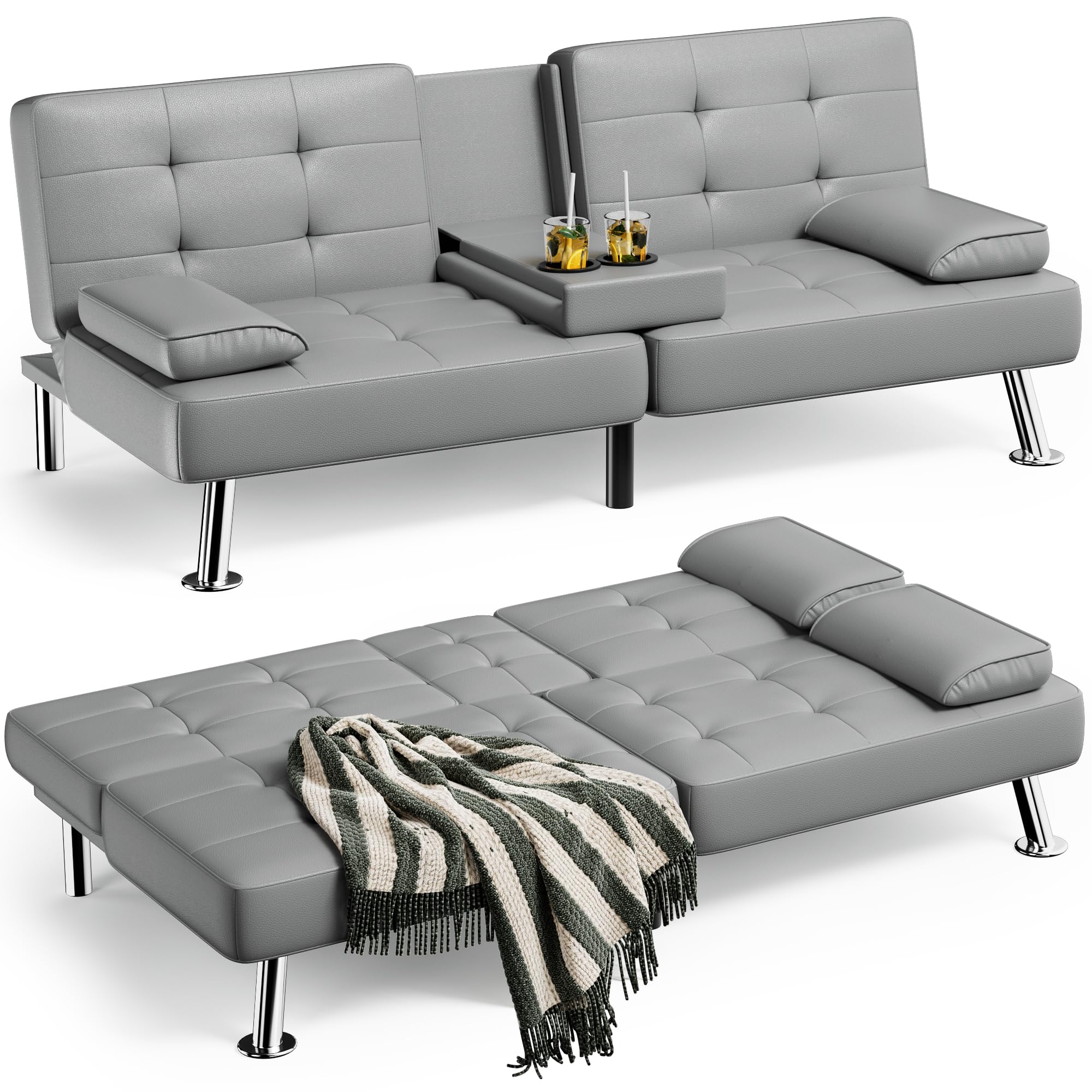 Homall Futon Sofa Bed, Leather Futon Couch with Removable Armrests, Adjustable Recliner Sleeper Sofa Bed with Dual Cup Holders for Living Room, Apartment, Office (Black), 30.7 x 65 x 28