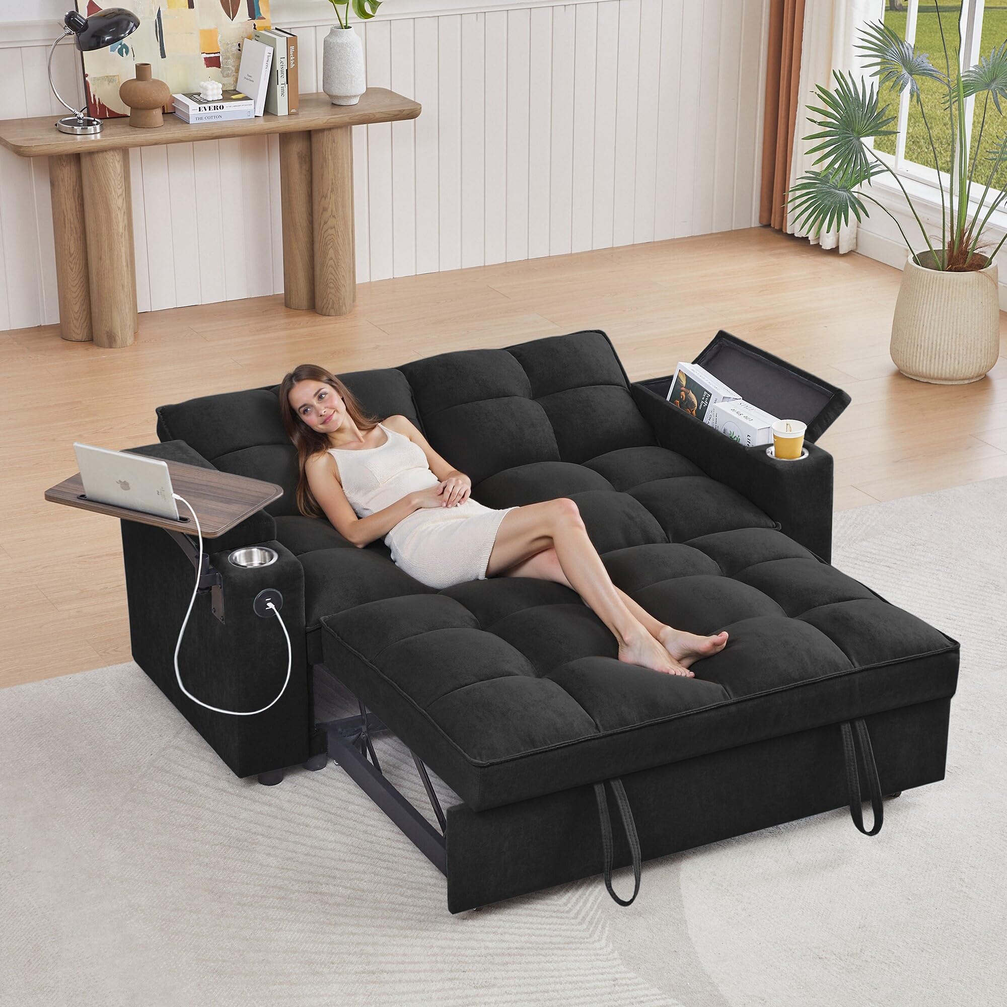 hansones 65'' 3-in-1 Folding Convertible Sofa Bed, Pullout Sofa, Modern Chenille Fabric, 360° Swivel Side Table, Easy Assembly, Perfect for Living Room, Black