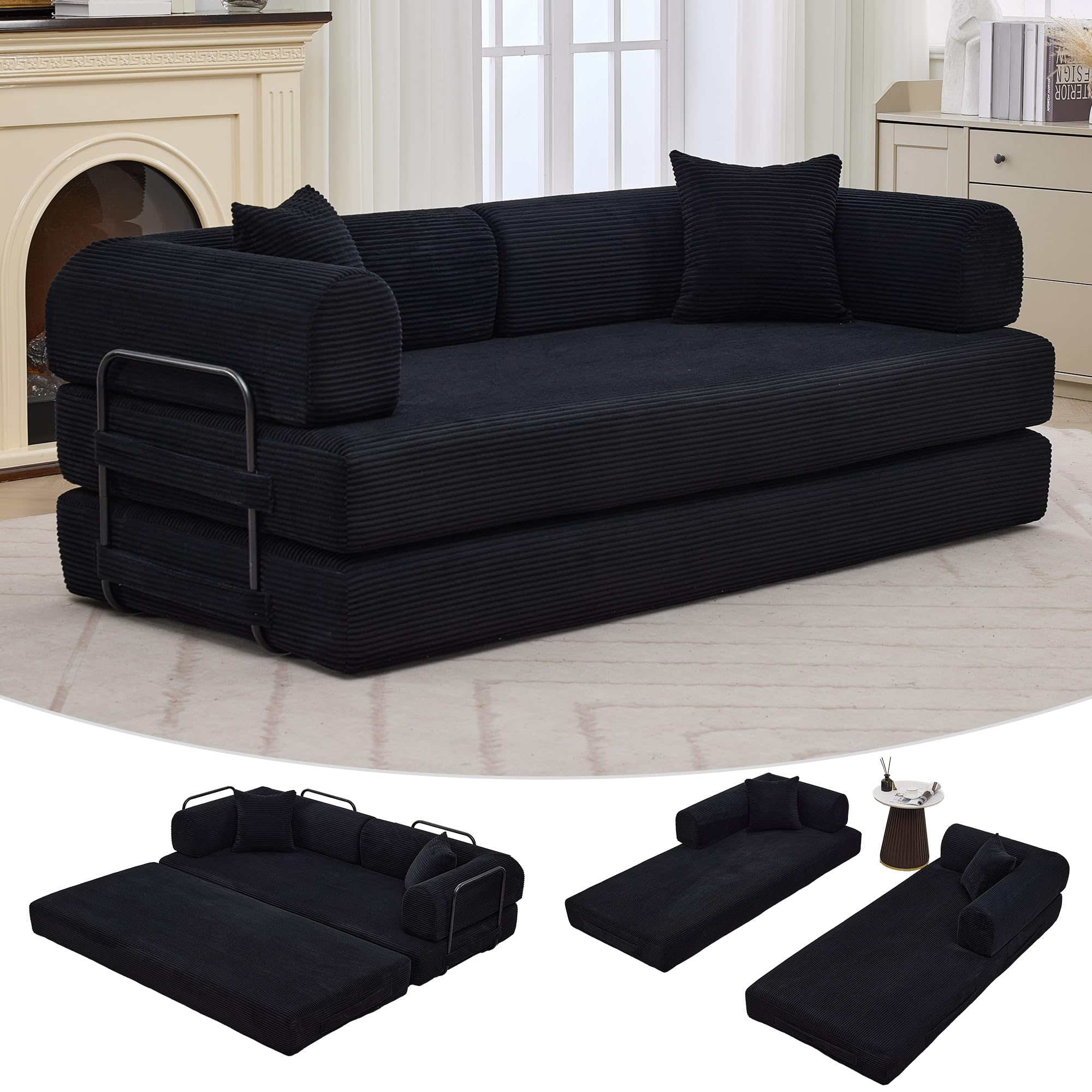 Beige GarveeHome 79" 4-in-1 Corduroy Convertible Folding Sleeper Sofa Bed with Pillow No Assembly