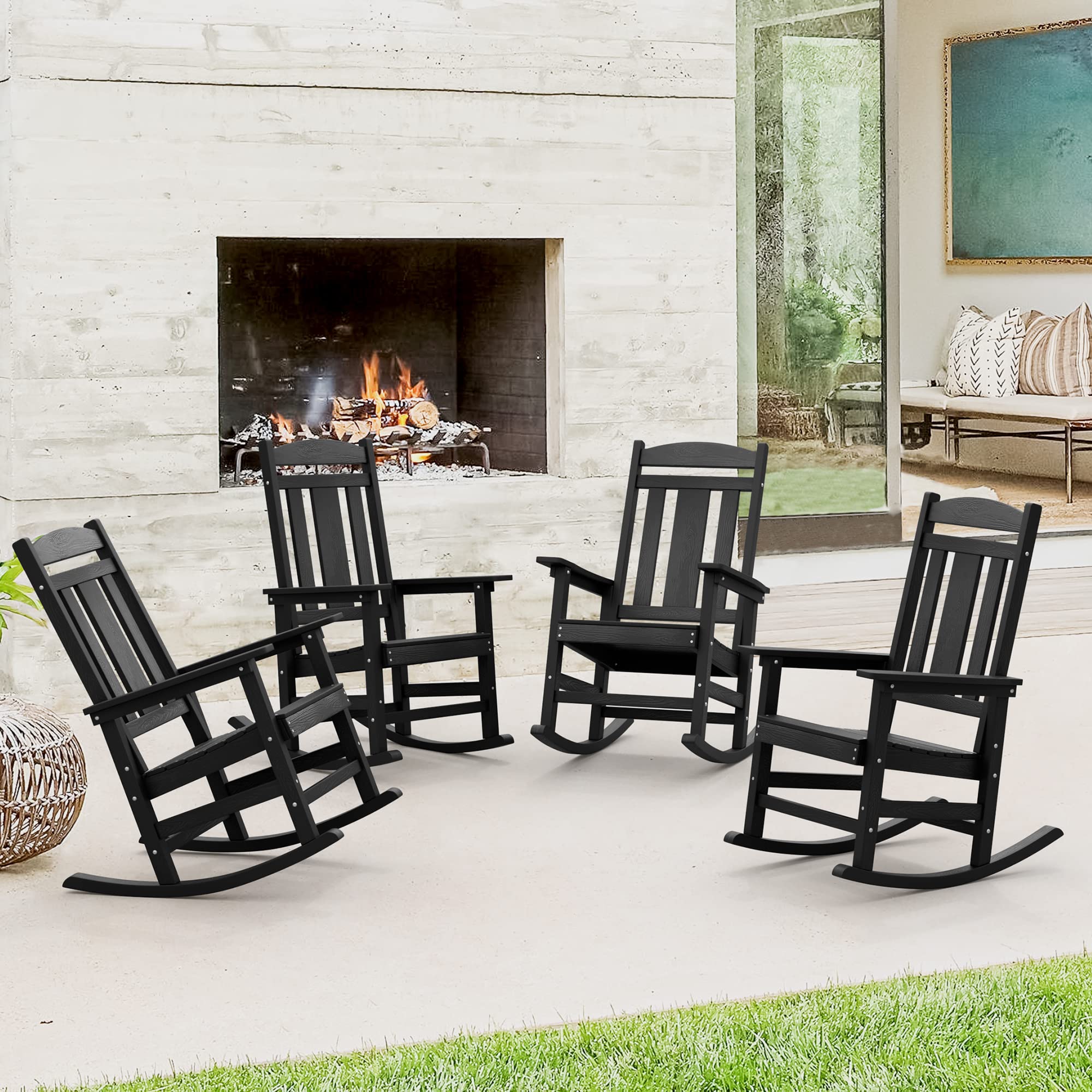 LUE BONA Outdoor Rocking Chairs Set of 2, Weather Resistant Poly Plastic Rocker, 350lb Heavy Duty, Oversized Porch Rocker for Adult, High Back Smooth for Outdoor & Indoor, Black
