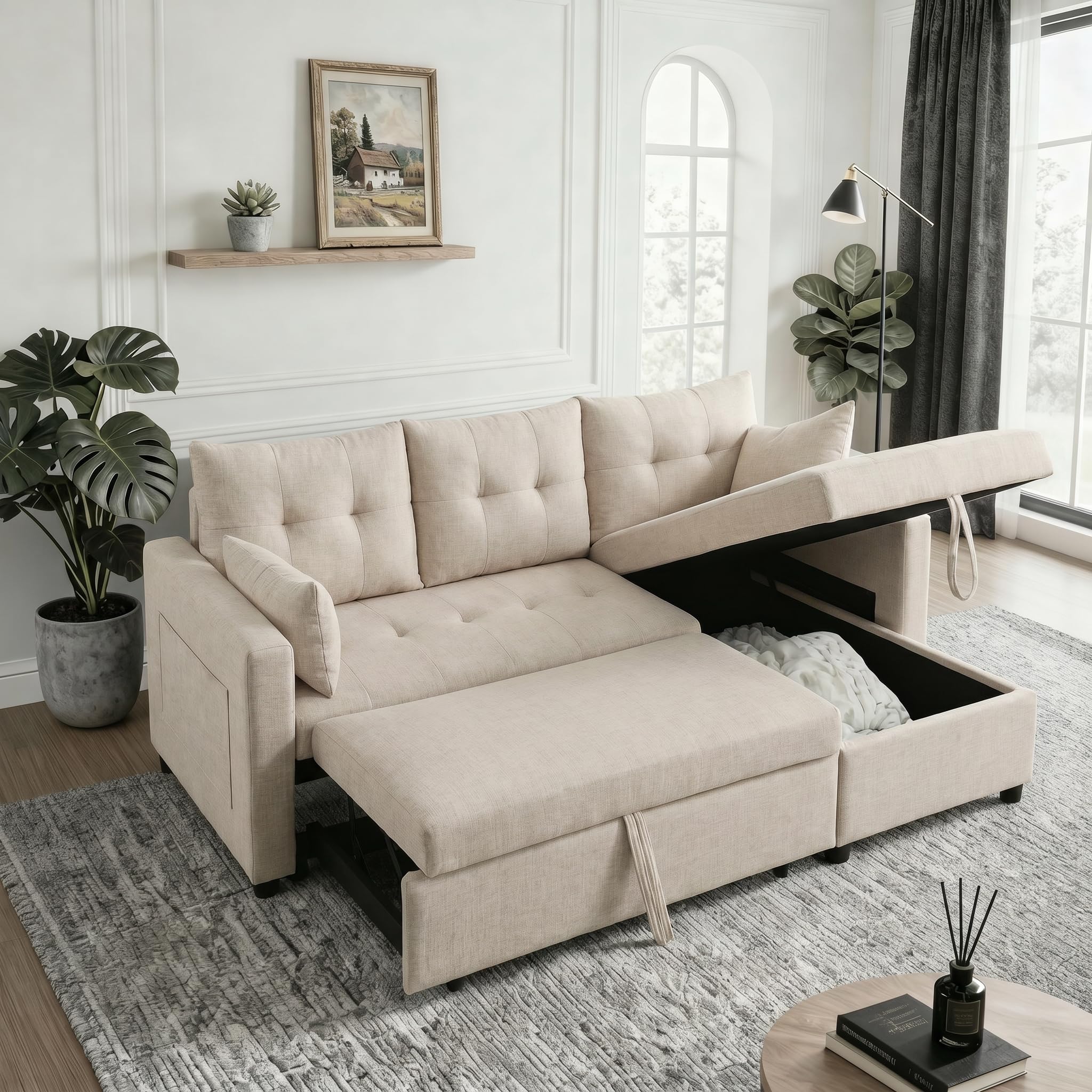 Pull Out Couch, Loveseat Sleeper Sofa Bed with Side Pockets, 3 in 1 Velvet Fabric Convertible Sofa Bed with Adjustable Backrest for Living Room, Bedroom, Apartment, Black