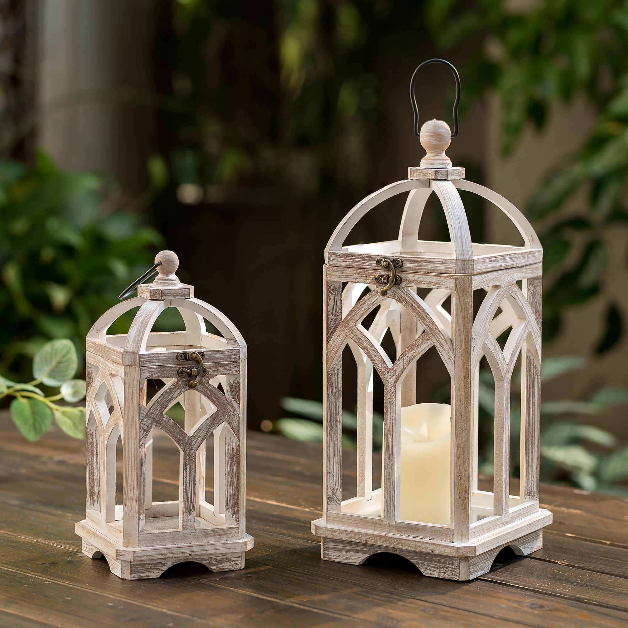 Farmhouse Lanterns Decorative Indoor: 11" & 15" Set of 2 Brown Wooden Candle Holder Lanterns for Table Centerpiece Fireplace Mantle Home Decor