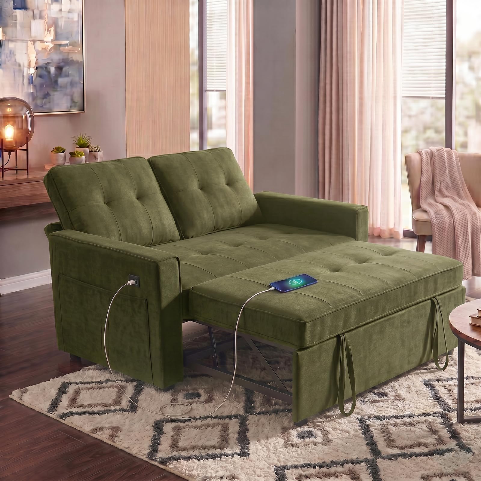 Actinidia 3 in 1 Convertible Sofa Bed, 53" Modern Loveseat Sleeper Sofa with USB Port & Storage Pockets, Pull Out Couch with Reclining Backrest, Futon Bed for Small Spaces, Living Room (Dark Gray)