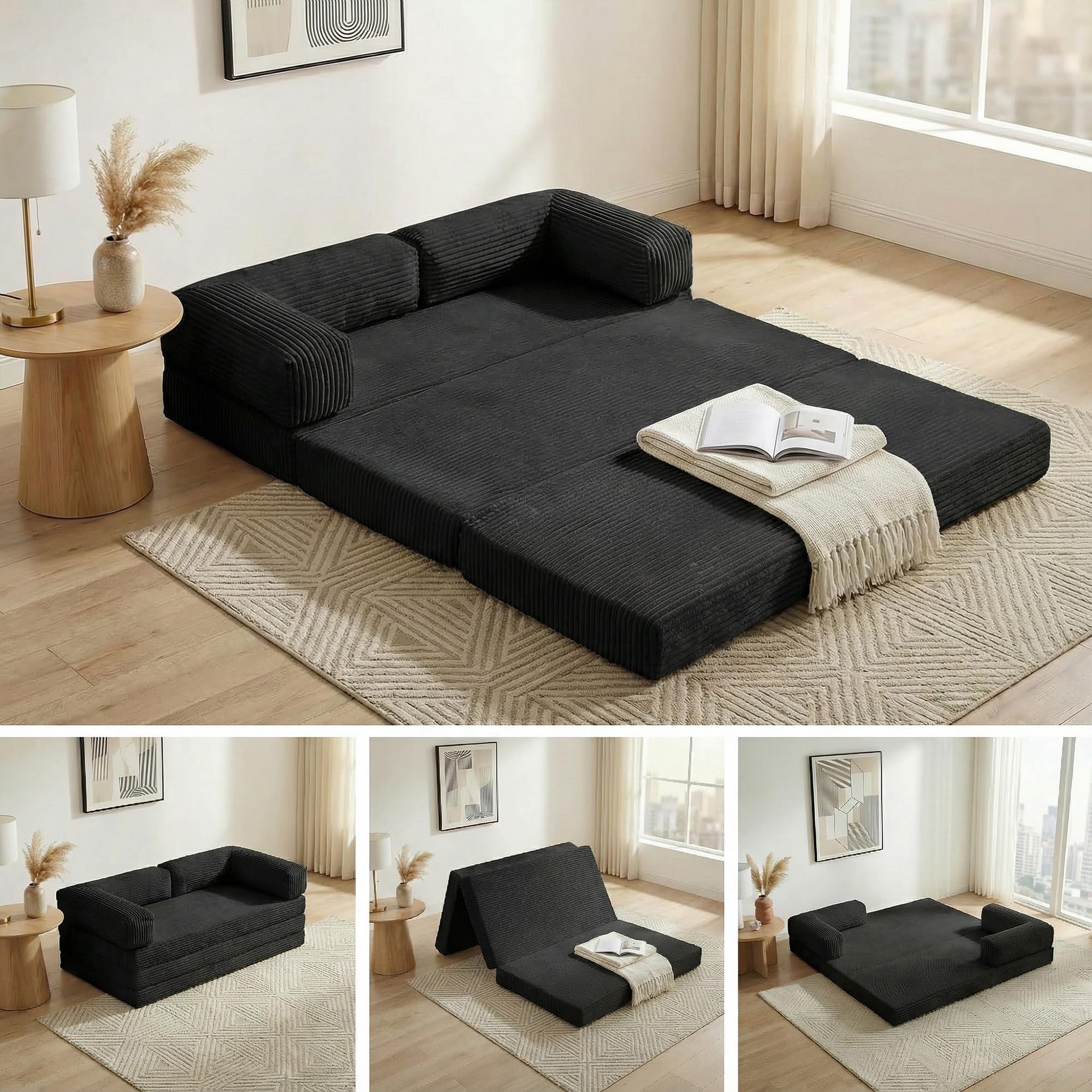 Convertible Sofa Bed Queen,5-in-1 Tri-Fold Boneless Couch with Removable Armrests & Handle,Corduroy Futon Sleeper Sofa,Floor Folding Mattress Pull Out Bed for Small Space Apartment Living Room Bedroom