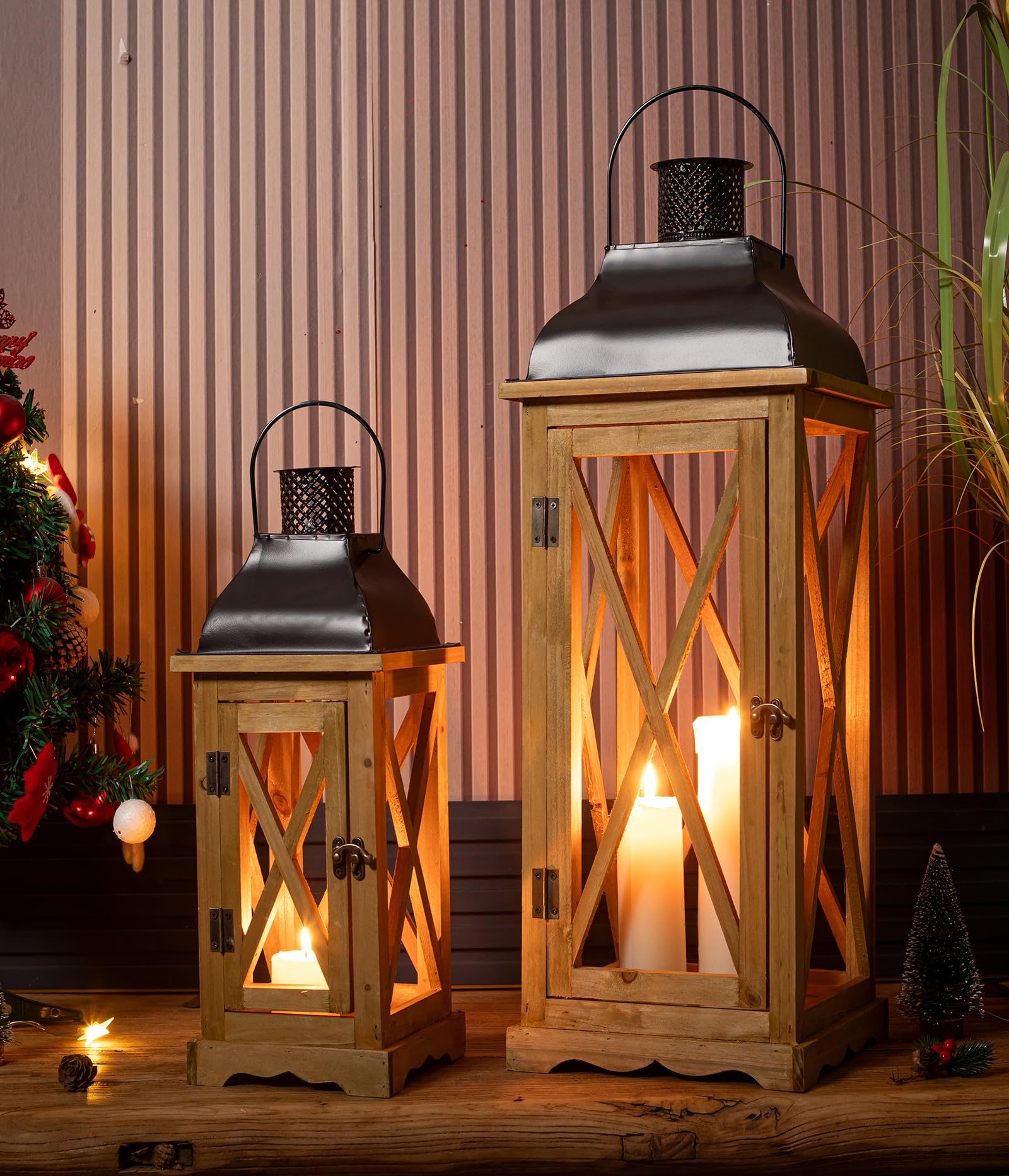 Large Farmhouse Decorative Wooden Lantern Set of 2, Rustic Brown Floor Lanterns, Indoor/Outdoor Hurricane Lanterns for Home Decor (No Glass)