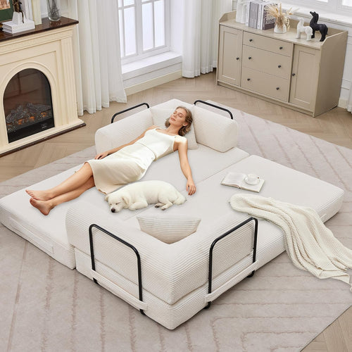 Beige GarveeHome 79" 4-in-1 Corduroy Convertible Folding Sleeper Sofa Bed with Pillow No Assembly