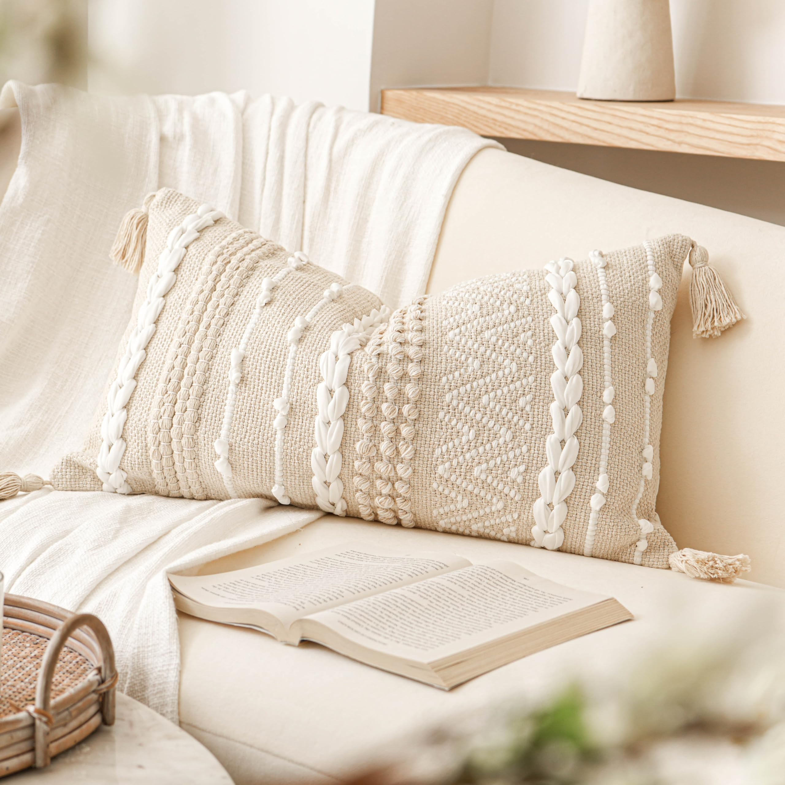 BlissBlush Cream White Boho Throw Pillow Cover 20X20, Boho Woven Textured Pillow Cover, Neutral Pillow Cover, Sofa Couch Bed Farmhouse Lumbar Pillow (Cover ONLY)