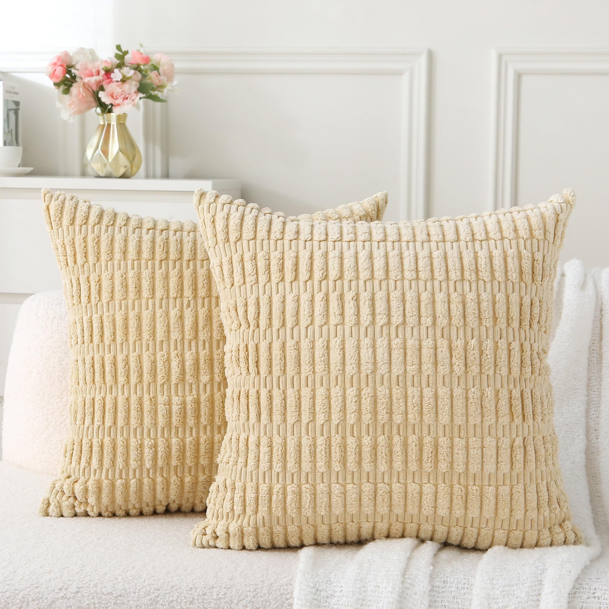 Beige 2 Pack 18×18 Inch Striped Corduroy Boho Throw Pillows with Inserts for Sofa Couch Bed Decor