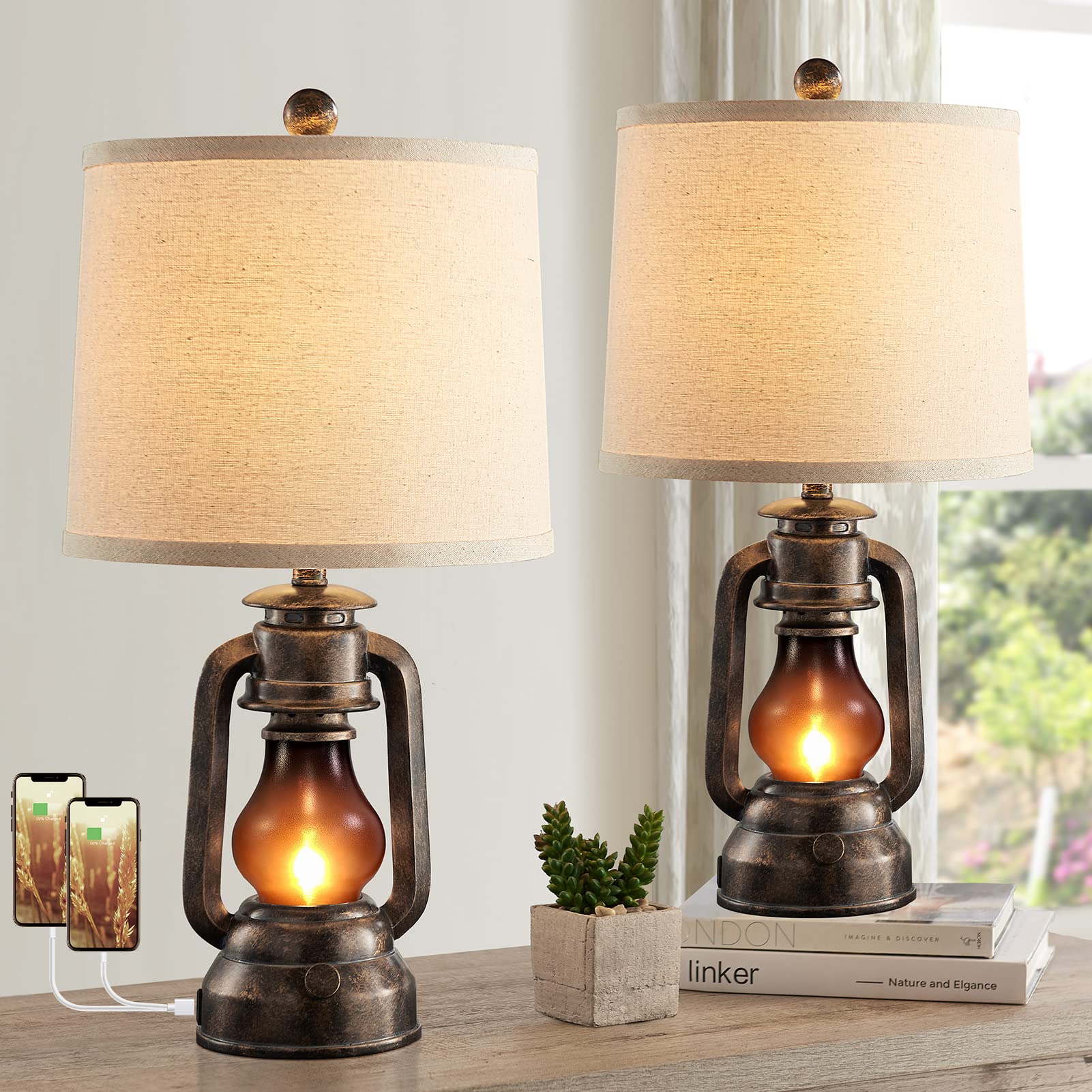 Farmhouse Lantern Table Lamps for Living Room Set of 2, Vintage Bedroom Resin Lamp with Dual USB Charging Ports, Rustic Retro Bedside Nightstand Desk Lamp, 4 Bulb Included