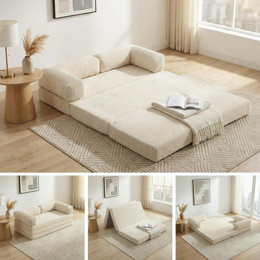 Convertible Sofa Bed Queen,5-in-1 Tri-Fold Boneless Couch with Removable Armrests & Handle,Corduroy Futon Sleeper Sofa,Floor Folding Mattress Pull Out Bed for Small Space Apartment Living Room Bedroom