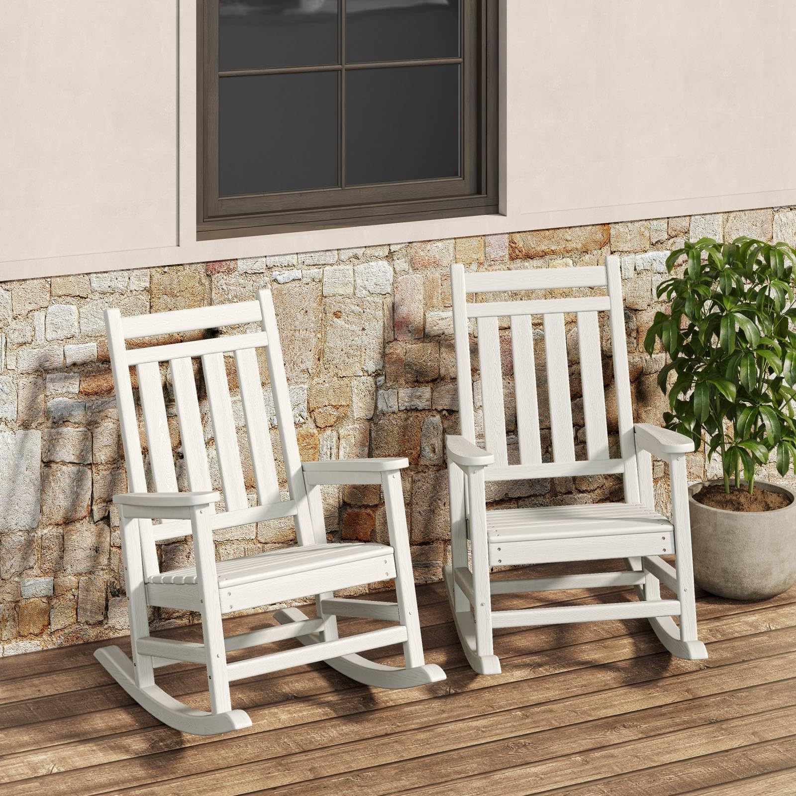 Black Garvee 2-Pack HDPE High Back Outdoor Rocking Chairs with Side Table All Weather Patio Porch Furniture