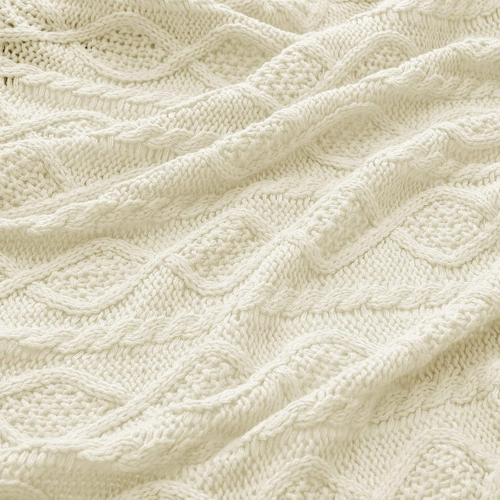 Cream White Homiest 3-Piece Cable Knit Throw Blanket & Pillow Cover Set for Sofa Couch Bed Decor