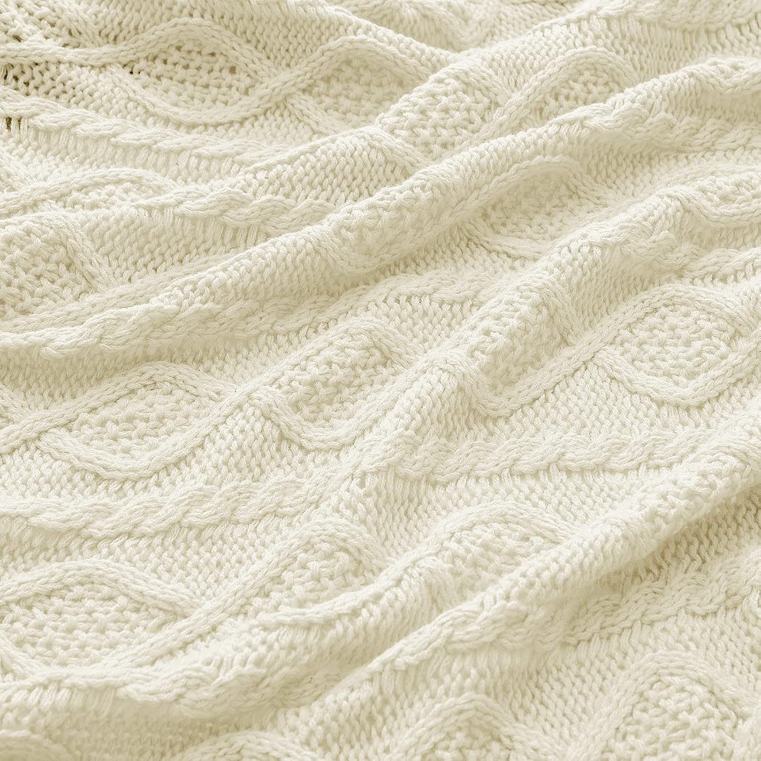 Cream White Homiest 3-Piece Cable Knit Throw Blanket & Pillow Cover Set for Sofa Couch Bed Decor