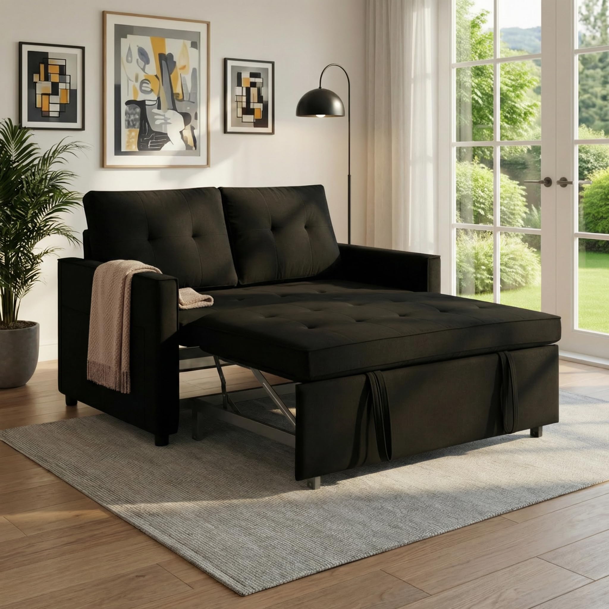Pull Out Couch, Loveseat Sleeper Sofa Bed with Side Pockets, 3 in 1 Velvet Fabric Convertible Sofa Bed with Adjustable Backrest for Living Room, Bedroom, Apartment, Black