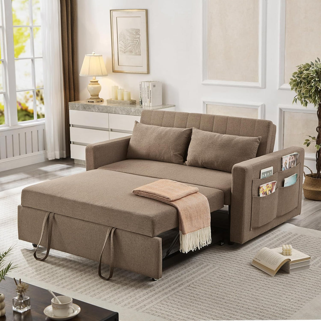 55.5" Fabric Convertible Sofa Bed, Pull Out Sleeper Sofa Bed, Loveseat Couch with Side Pocket, 3 in 1 Convertible Sleeper Sofa Bed for Living Room, Apartment, Bedroom, RV, Brown