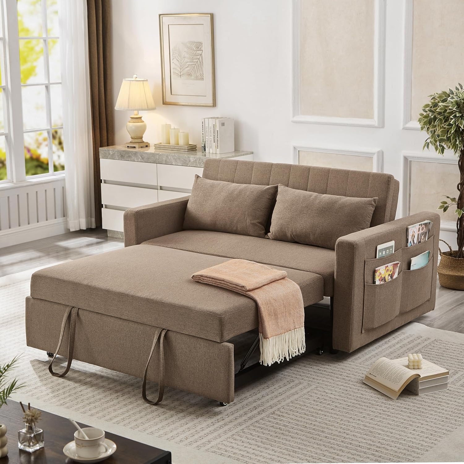 55.5" Fabric Convertible Sofa Bed, Pull Out Sleeper Sofa Bed, Loveseat Couch with Side Pocket, 3 in 1 Convertible Sleeper Sofa Bed for Living Room, Apartment, Bedroom, RV, Brown