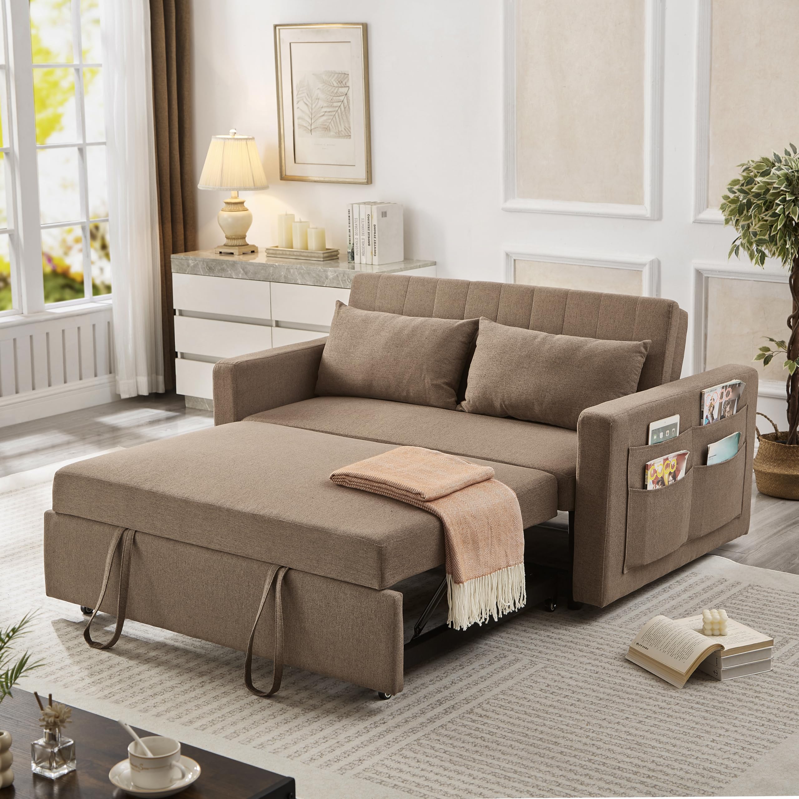 55.5" Fabric Convertible Sofa Bed, Pull Out Sleeper Sofa Bed, Loveseat Couch with Side Pocket, 3 in 1 Convertible Sleeper Sofa Bed for Living Room, Apartment, Bedroom, RV, Brown