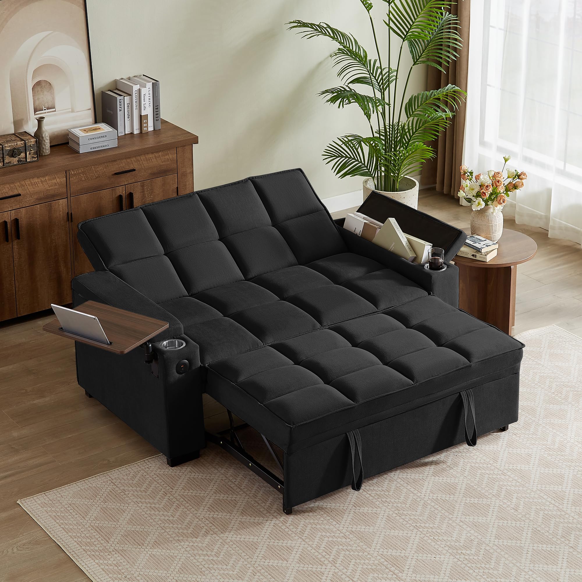 hansones 65'' 3-in-1 Folding Convertible Sofa Bed, Pullout Sofa, Modern Chenille Fabric, 360° Swivel Side Table, Easy Assembly, Perfect for Living Room, Black