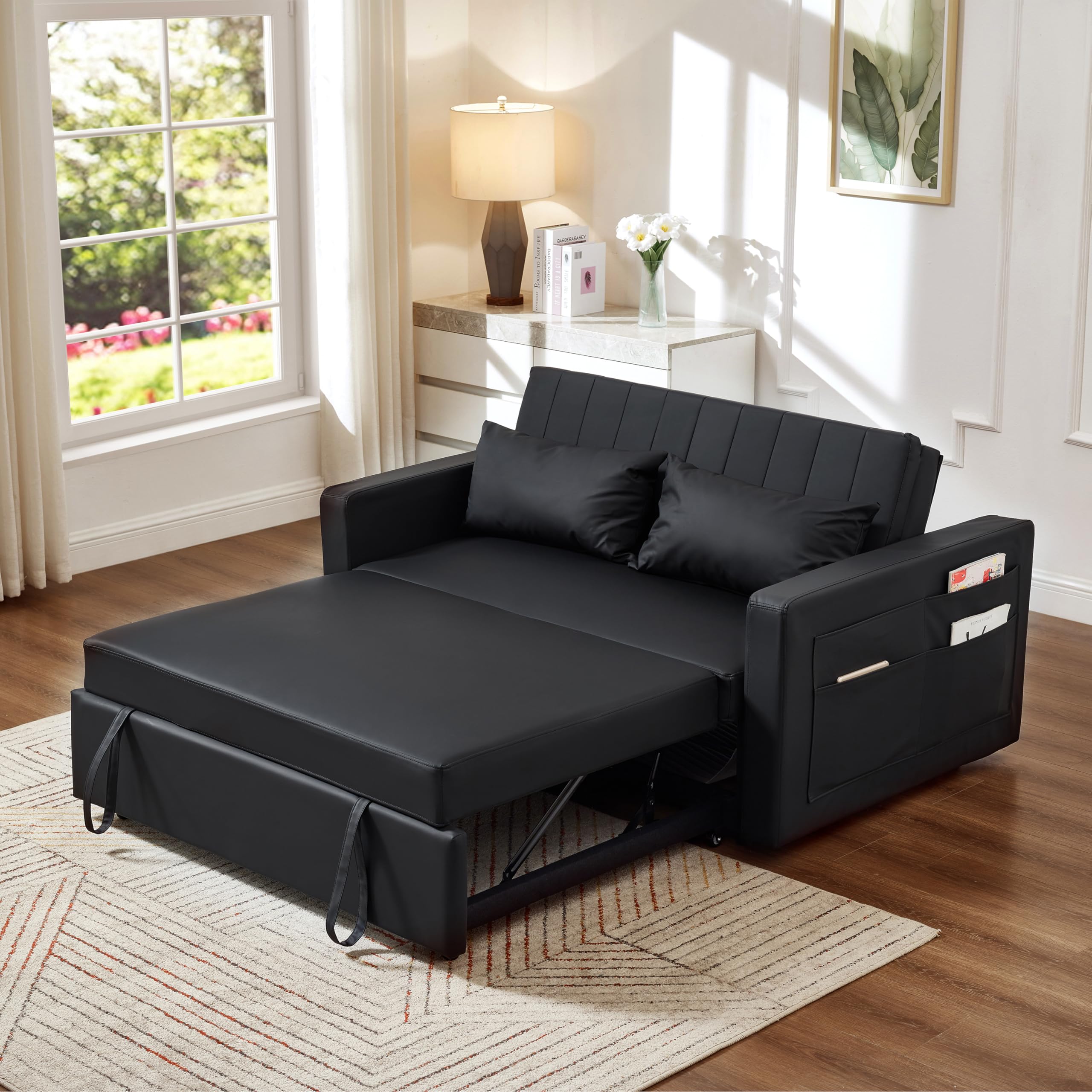 55.5" Fabric Convertible Sofa Bed, Pull Out Sleeper Sofa Bed, Loveseat Couch with Side Pocket, 3 in 1 Convertible Sleeper Sofa Bed for Living Room, Apartment, Bedroom, RV, Brown