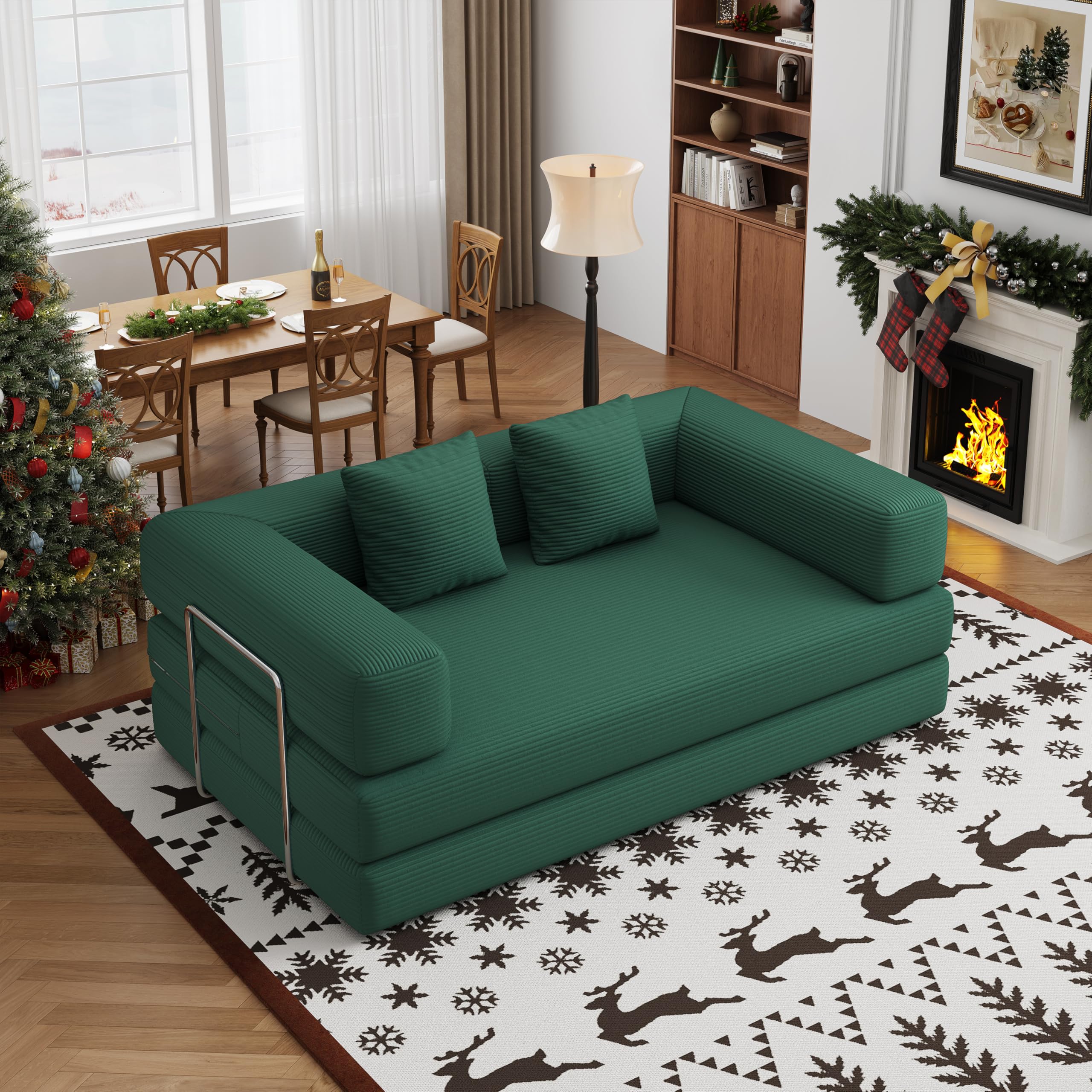 BSHOMGI 4 in 1 Futon Sofa Bed Queen Size - Foldable Convertible Sleeper Sofa Couch, Removable Washable Corduroy Cover, Space Saving Floor for Living Room (Beige, 53.15" Double Sofa)