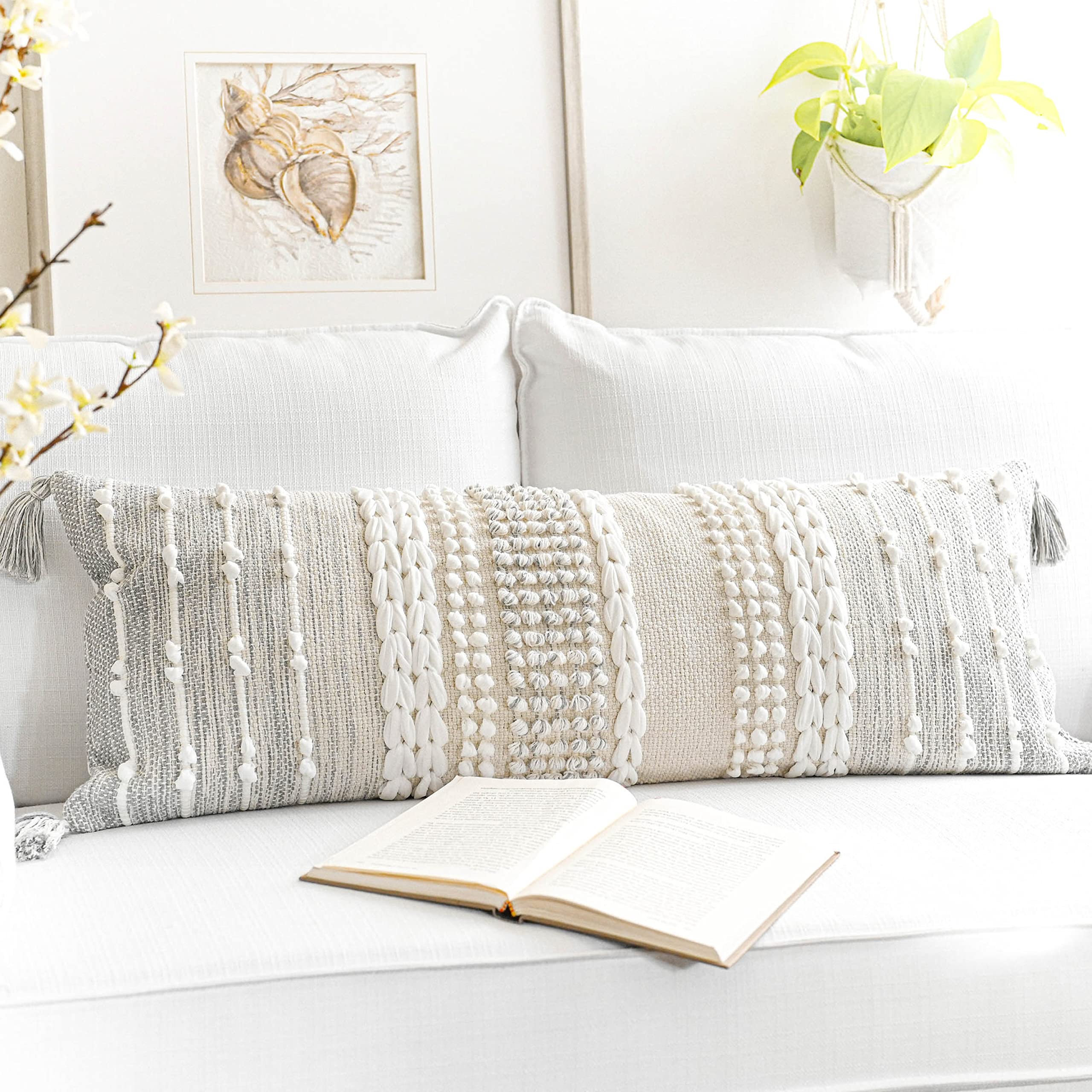 BlissBlush Cream White Boho Throw Pillow Cover 20X20, Boho Woven Textured Pillow Cover, Neutral Pillow Cover, Sofa Couch Bed Farmhouse Lumbar Pillow (Cover ONLY)