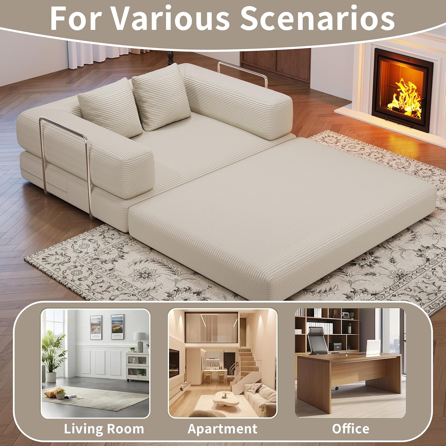 BSHOMGI 4 in 1 Futon Sofa Bed Queen Size - Foldable Convertible Sleeper Sofa Couch, Removable Washable Corduroy Cover, Space Saving Floor for Living Room (Beige, 53.15" Double Sofa)
