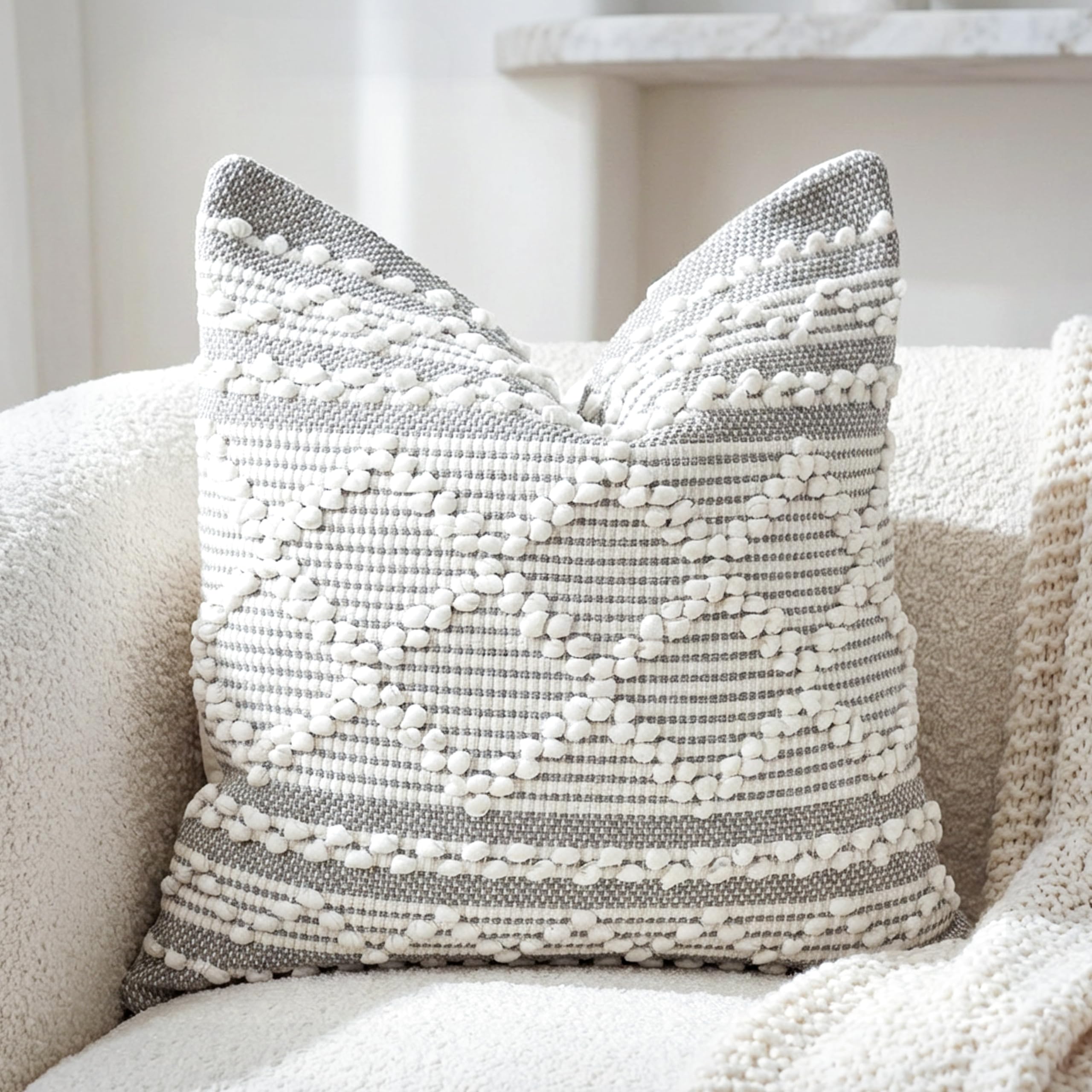 BlissBlush Cream White Boho Throw Pillow Cover 20X20, Boho Woven Textured Pillow Cover, Neutral Pillow Cover, Sofa Couch Bed Farmhouse Lumbar Pillow (Cover ONLY)