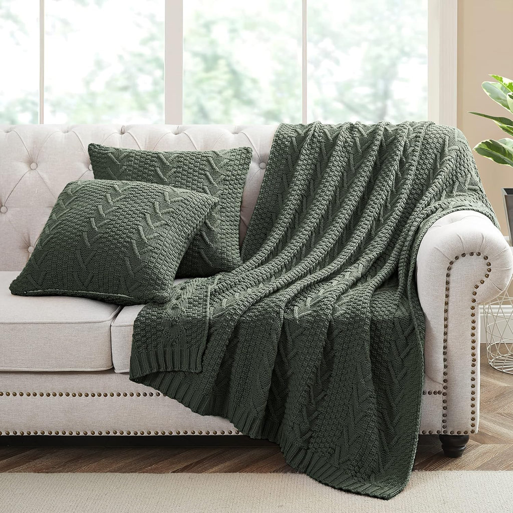 Aormenzy Knitted Throw Blanket (50" x 60") and 2 Pillow Covers (18" x 18"), 3 Piece Grayish Green Throw Blanket Set, Decorative Throw Blankets for Couch Sofa Bed Living Room