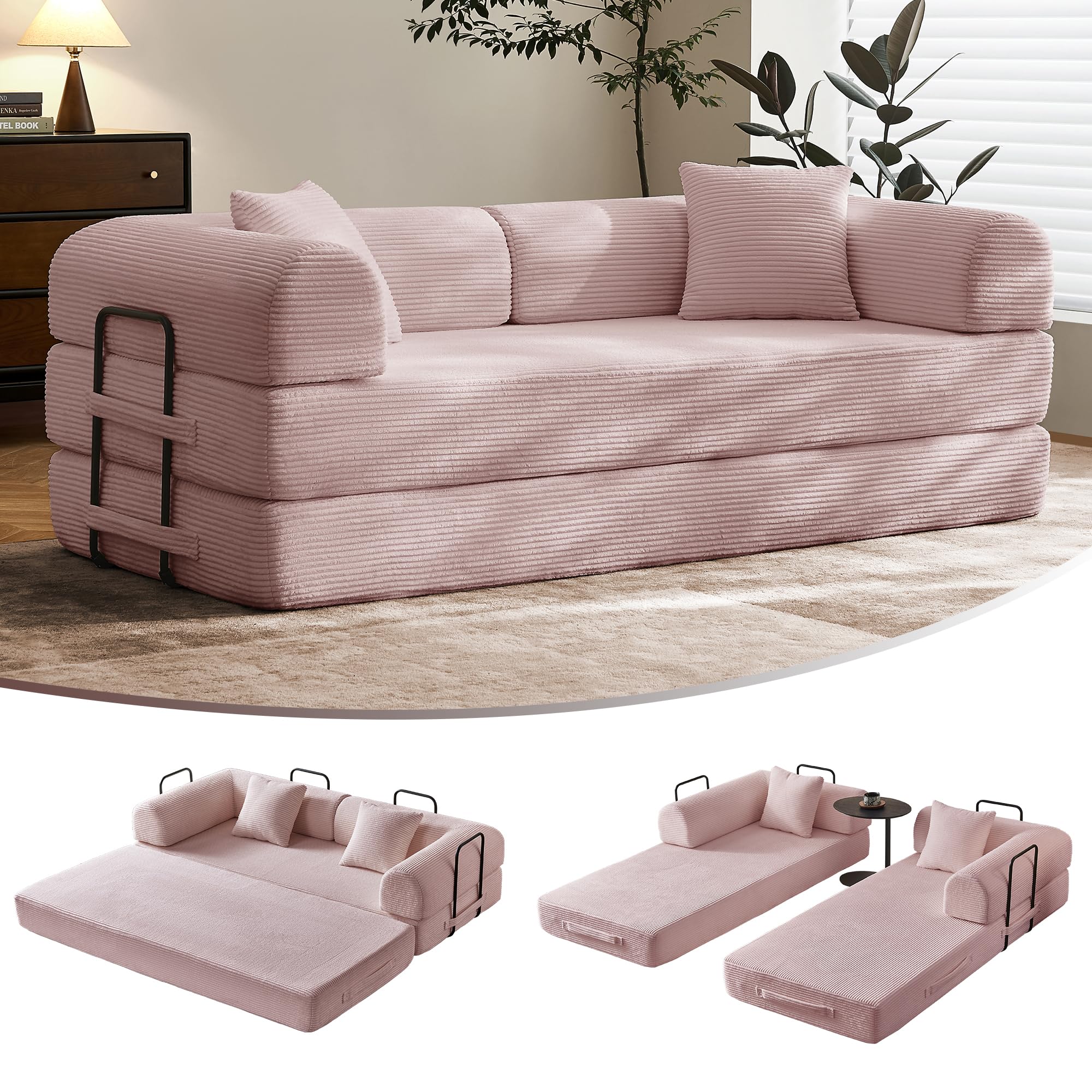 79" Convertible Sofa Bed with Fixed-Shape Frame & Removable Armrests, Modular Corduroy Sleeper Sofa, Folding Mattress Couch for Small Spaces - No Assembly Needed in Green (Includes 2 Pillows)