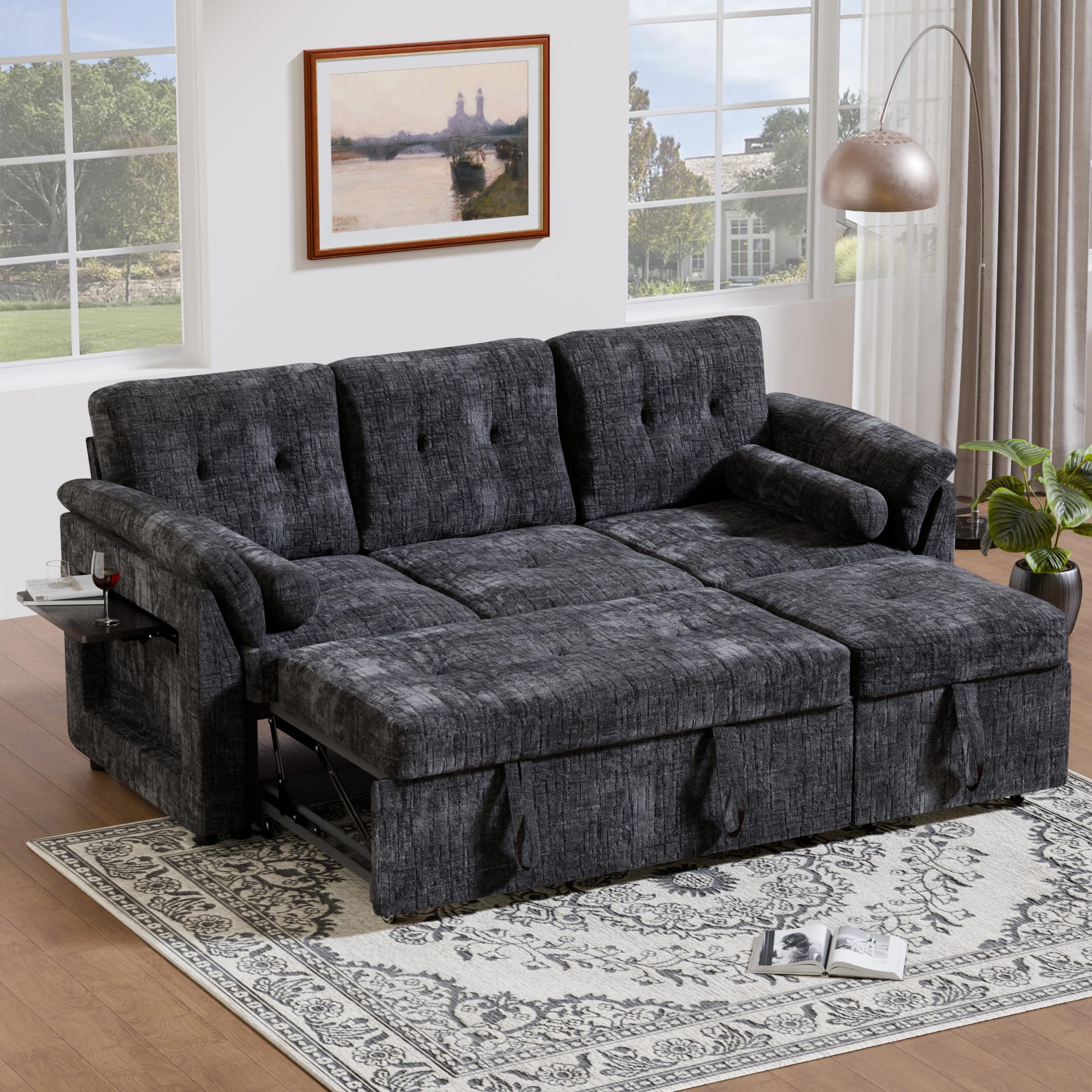 Pull Out Couch, Loveseat Sleeper Sofa Bed with Side Pockets, 3 in 1 Velvet Fabric Convertible Sofa Bed with Adjustable Backrest for Living Room, Bedroom, Apartment, Black
