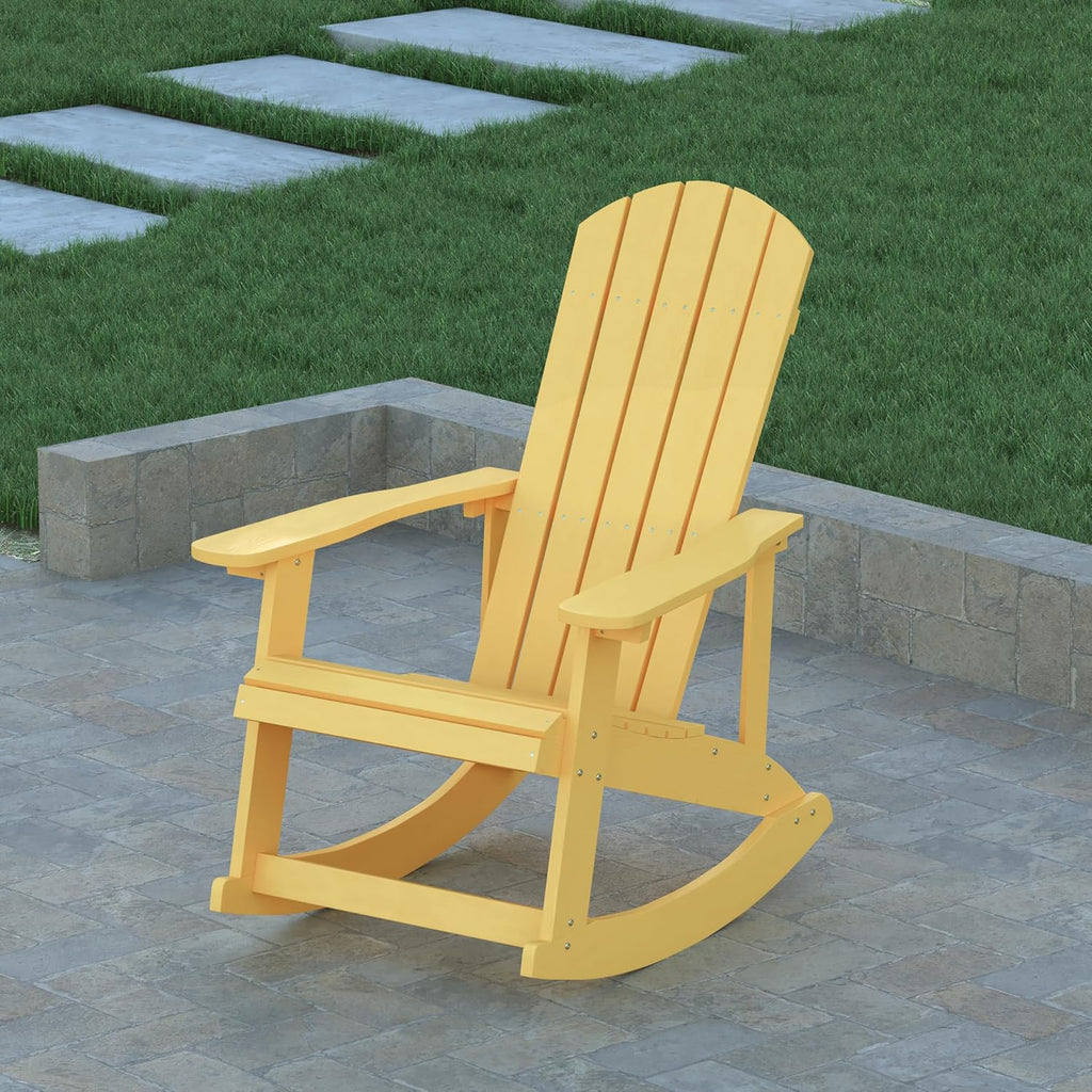 EMMA + OLIVER Savannah Poly Resin Wood Adirondack Rocking Chair - All Weather Yellow Polystyrene - Stainless Steel Hardware