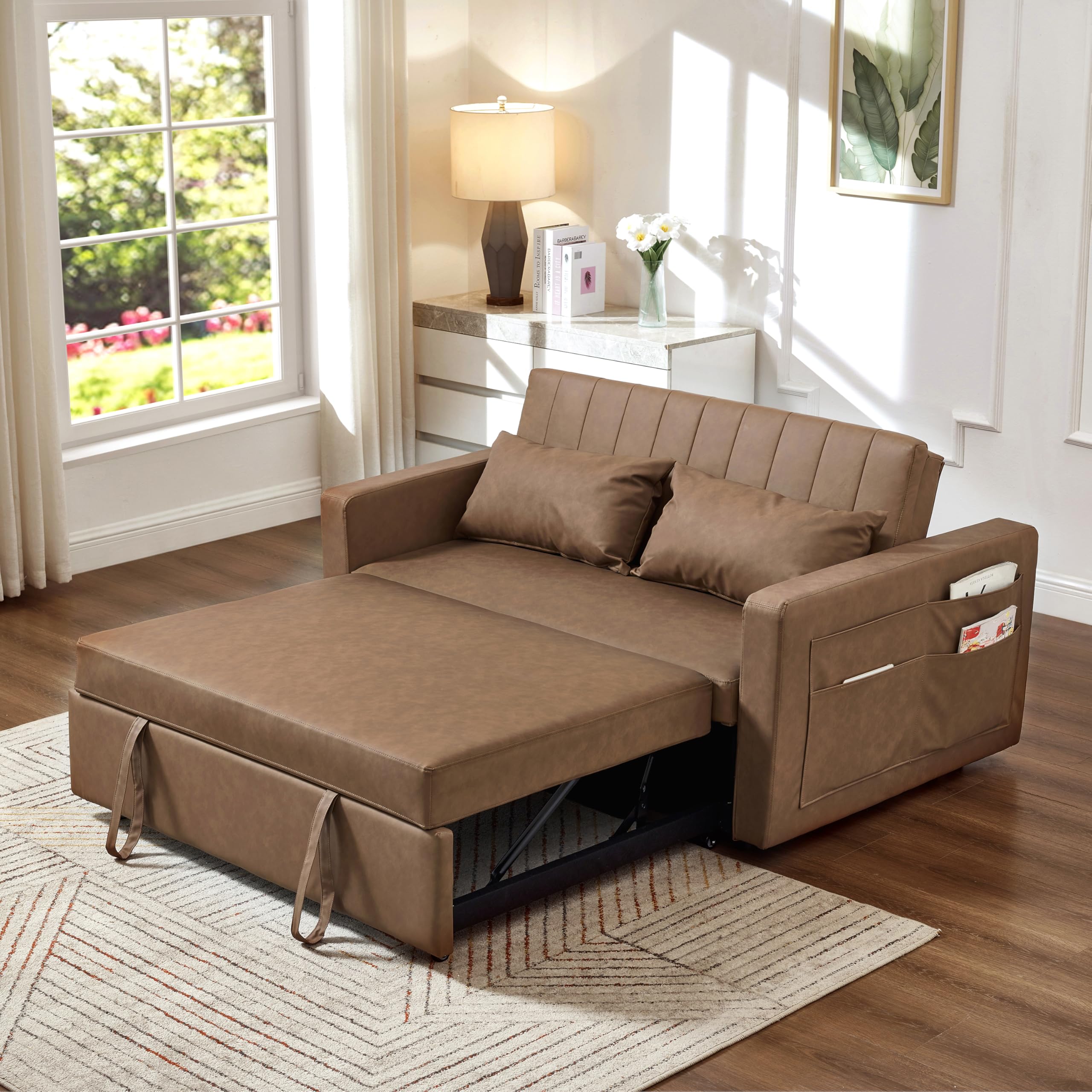 55.5" Fabric Convertible Sofa Bed, Pull Out Sleeper Sofa Bed, Loveseat Couch with Side Pocket, 3 in 1 Convertible Sleeper Sofa Bed for Living Room, Apartment, Bedroom, RV, Brown