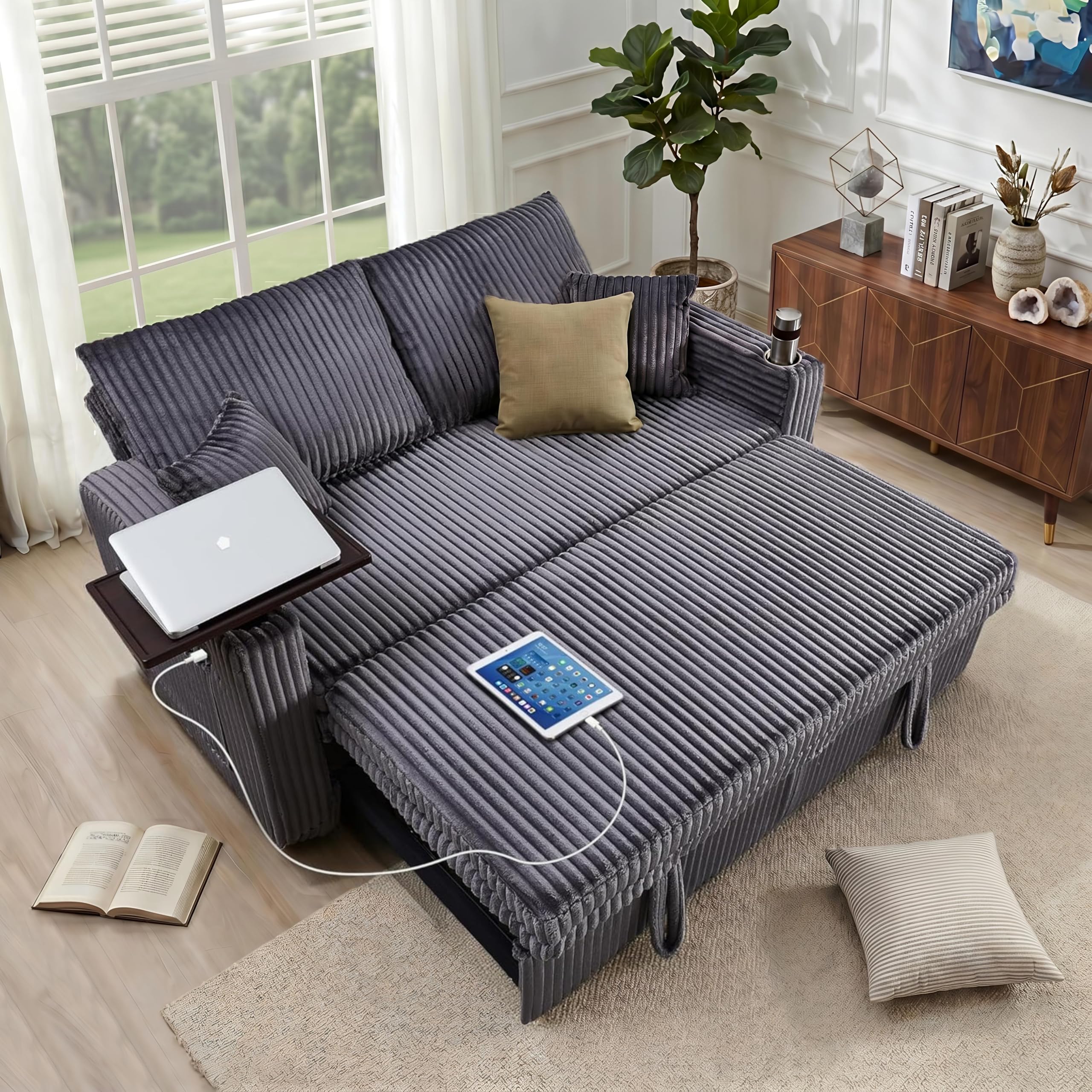 68'' Sleeper Sofa Bed, Pull Out Couch with 360° Swivel Side Table | USB Port | Adjustable Backrest | Cup Holder | Chenille Fabric Loveseat for Living Room, Apartment, Office (Black)