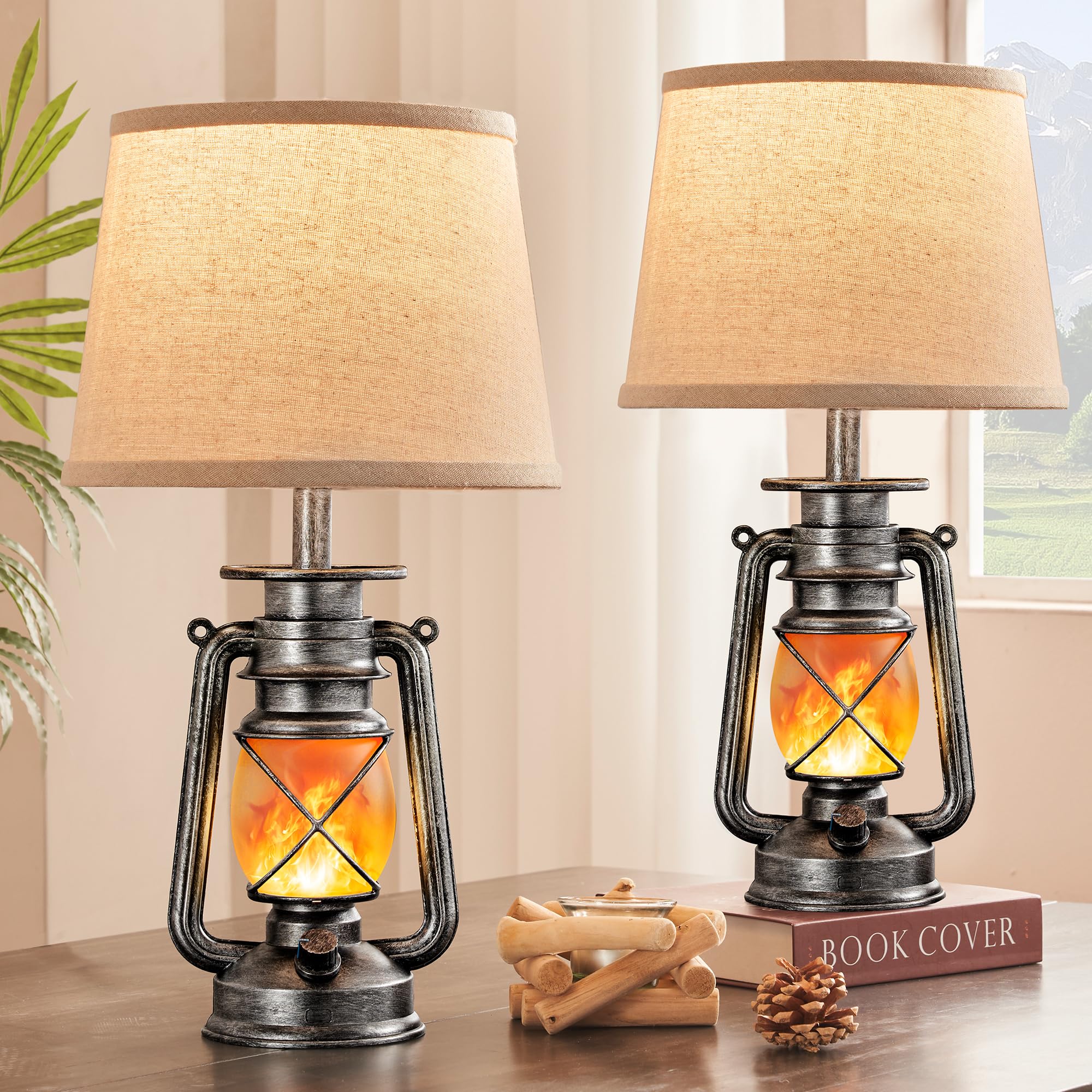 LEDIARY 18.72" LED Vintage Lantern Flickering Flame Table Lamps for Bedrooms Set of 2, Small Farmhouse Rustic Vintage End Table Lamps, Halloween Decorative Lantern Bedside Lamps for Living Room