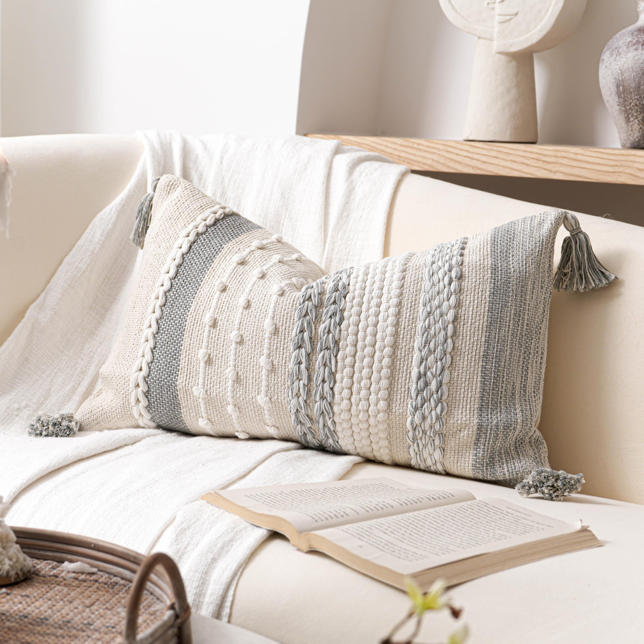 BlissBlush Coastal Blue Boho Decorative Throw Pillow Cover 18x18 Modern Bohemian Accent Pillow Case Square Woven Textured Farmhouse Pillows for Couch Bed (Pack of 1)