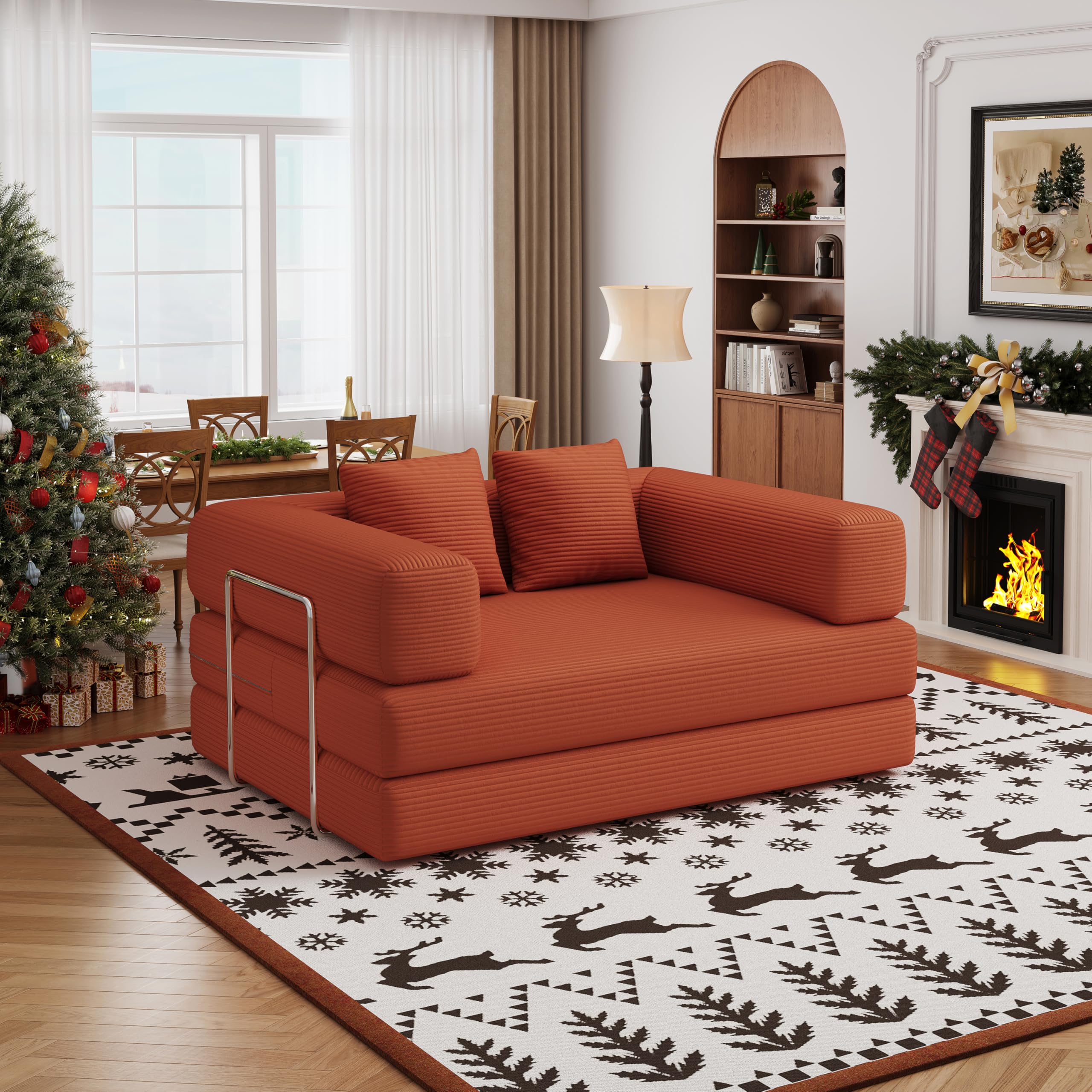59" 2-Seat Beige Teddy Fabric 4-in-1 Foldable Queen Size Foam Compressed Convertible Sofa Bed