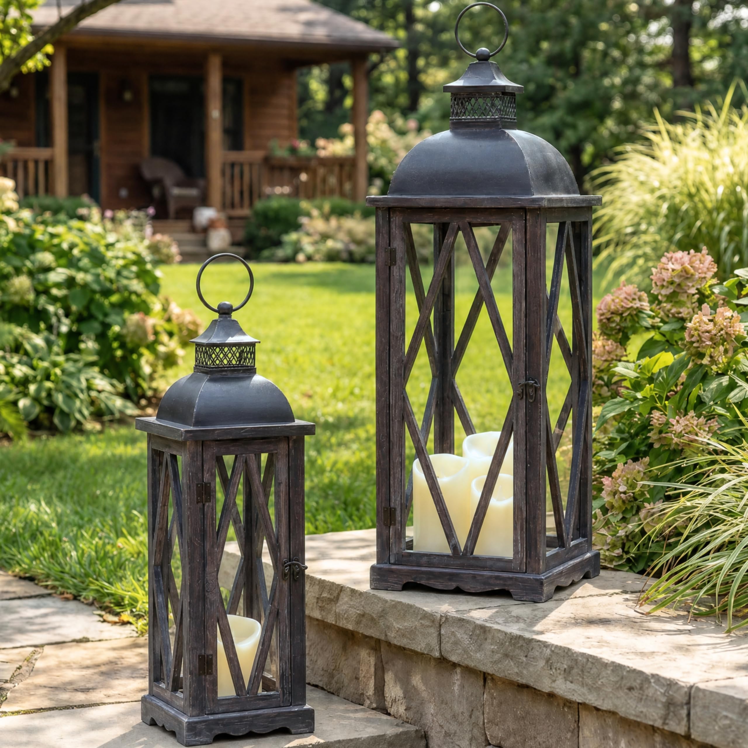 Perfnique Farmhouse Outdoor Lanterns for Patio, Set of 2 Rustic Lanterns Decor, Vintage Hanging Candle Holder Decorative for Porch, Garden, Yard, Indoor (No Glass, Dark Brown)