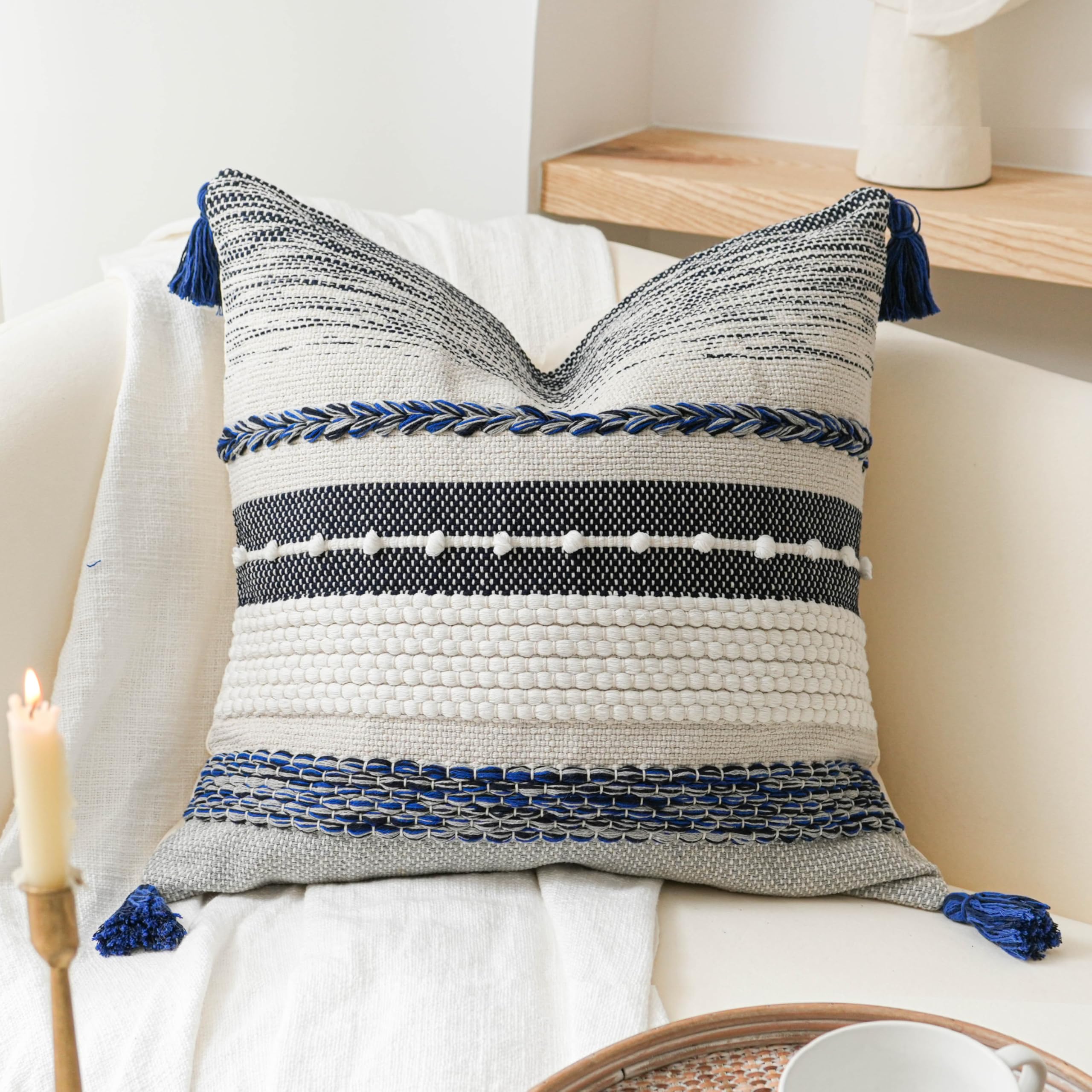 BlissBlush Coastal Blue Boho Decorative Throw Pillow Cover 18x18 Modern Bohemian Accent Pillow Case Square Woven Textured Farmhouse Pillows for Couch Bed (Pack of 1)