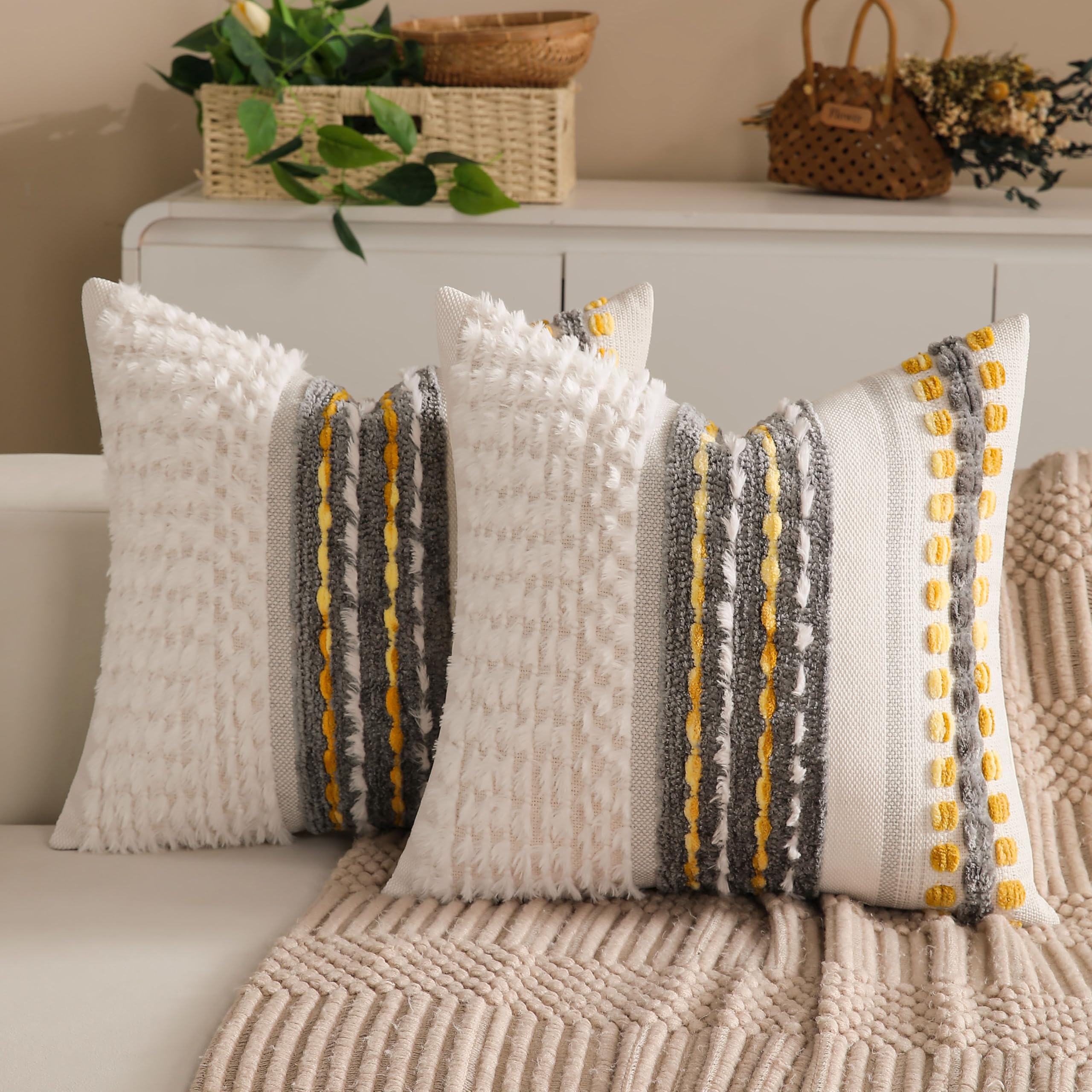 Boho Chenille Tufted Couch Throw Pillow Covers 18x18 Inch Set of 2 Farmhouse Striped Decorative Pillow Covers Accent Neutral Square Pillowcase Grey Cushion Covers for Livingroom Sofa Bed
